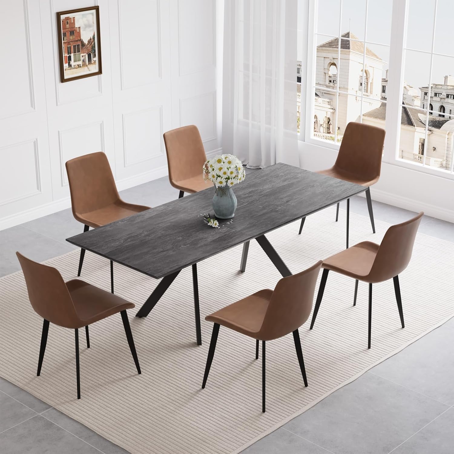 Extendable Dining Table Set for 6-8 Seat, Rectangular Solid Slate Stone Top with 6 Faux Leather Dining, Modern Kitchen Table with Extension Leaf, Extendable 55'' to 71'' for Kitchen Restaurant