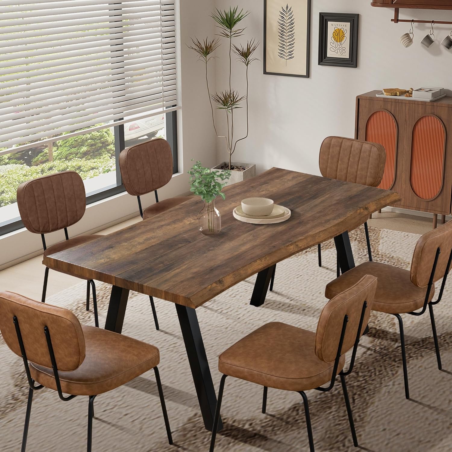 7-Piece Modern Kitchen Table Set for 6, Rectangular Wood Dining Table and Chairs for Big Family