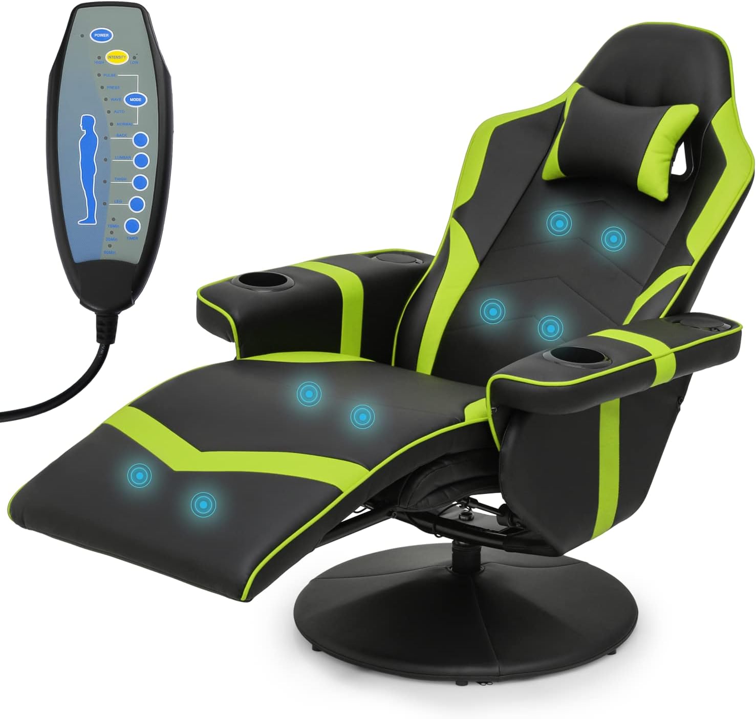 MoNiBloom Massage Gaming Recliner Chair with Speakers PU Leather Home Theater Seating Single Bedroom Video Game Sofa Recliners Ergonomic Gaming Couch with Detachable Neck Support and Footrest, Green