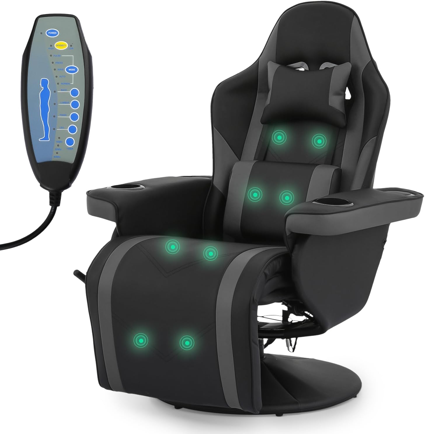 Magshion Massage Gaming Chair with Speakers Adjustable Single Gaming Sofa Modern Living Room Recliners with Speakers, Massage Lumbar Support, Footrest, Headrest and Built-in Cupholders for Adult, Grey