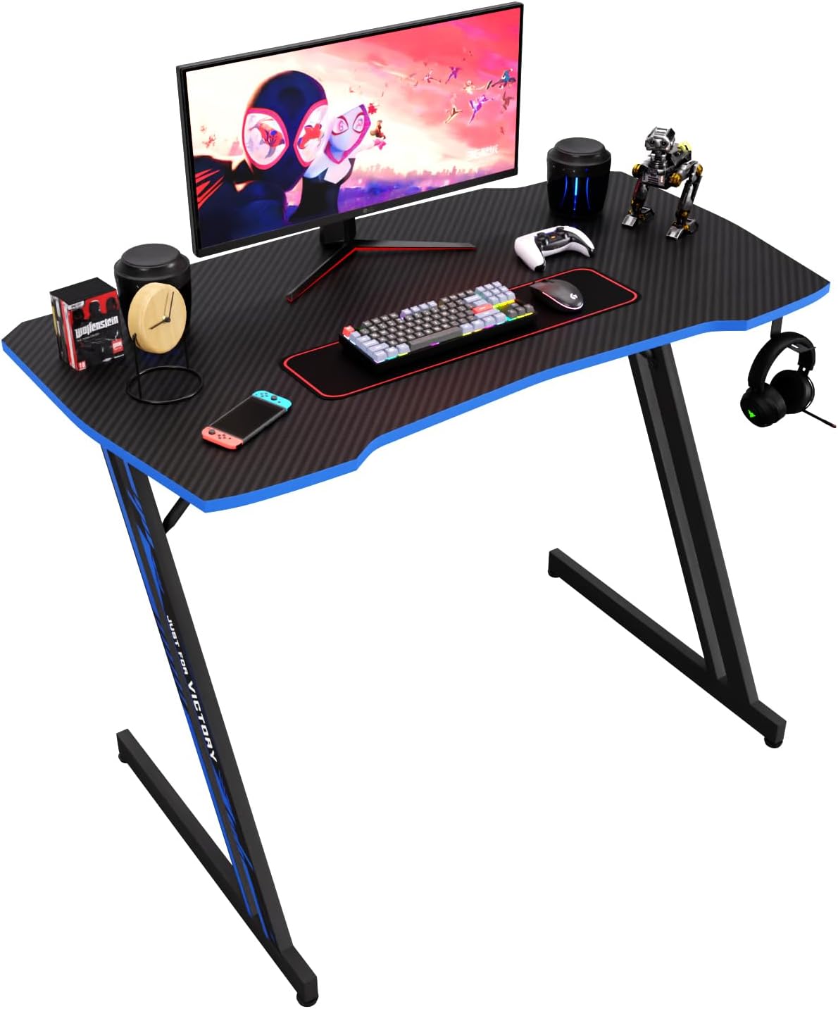 BestOffice 35/39/47 Computer Desk Z Shaped Workstation Ergonomic Table with Headphone Hook for Game Players (Blue, 39 in)