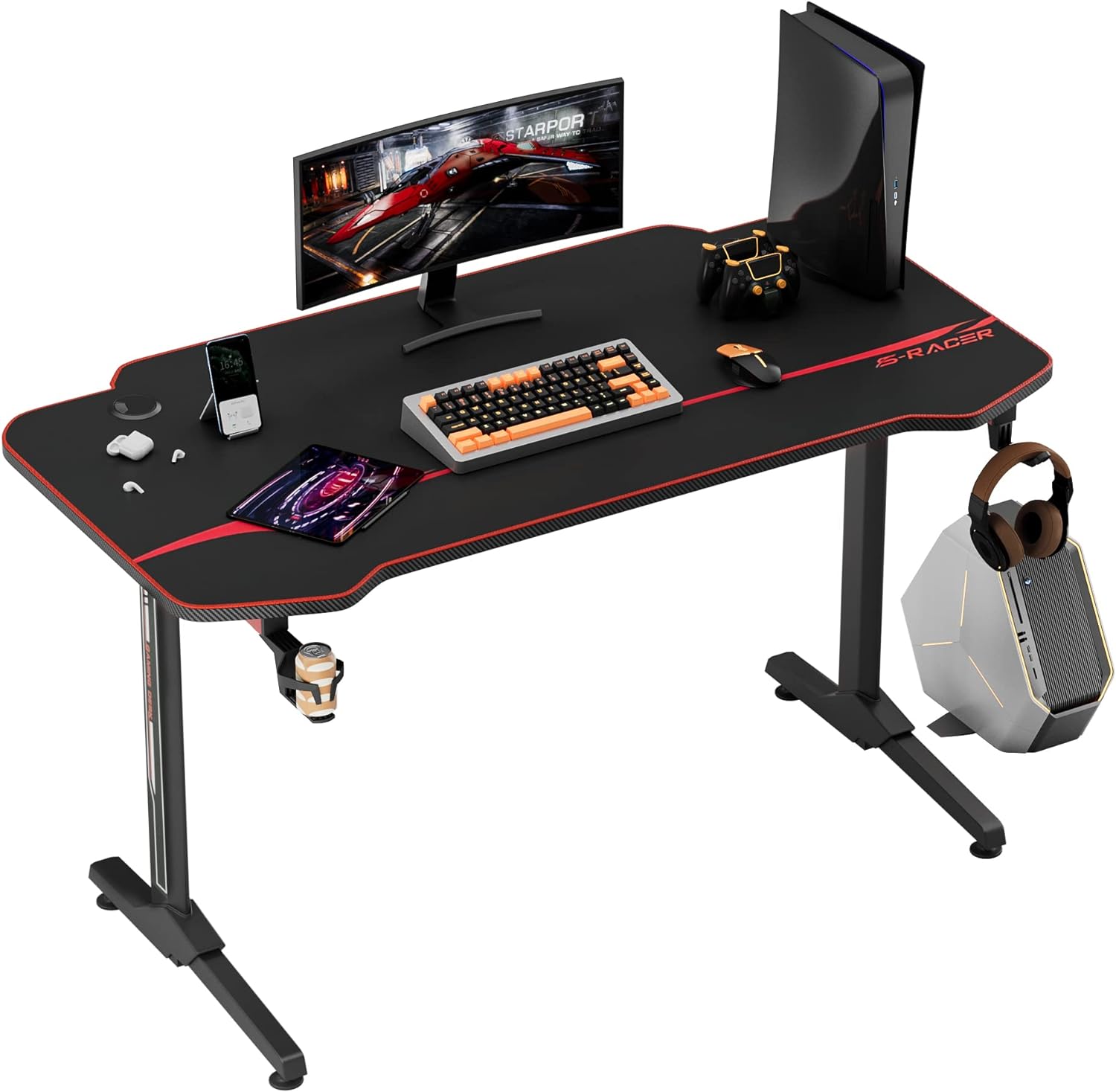 Homall Gaming Desk Computer Desk Racing Style Office Table Gamer Pc Workstation T Shaped Gamer Game Station with Free Mouse Pad, Cup Holder and Headphone Hook (44 Inch, Black)