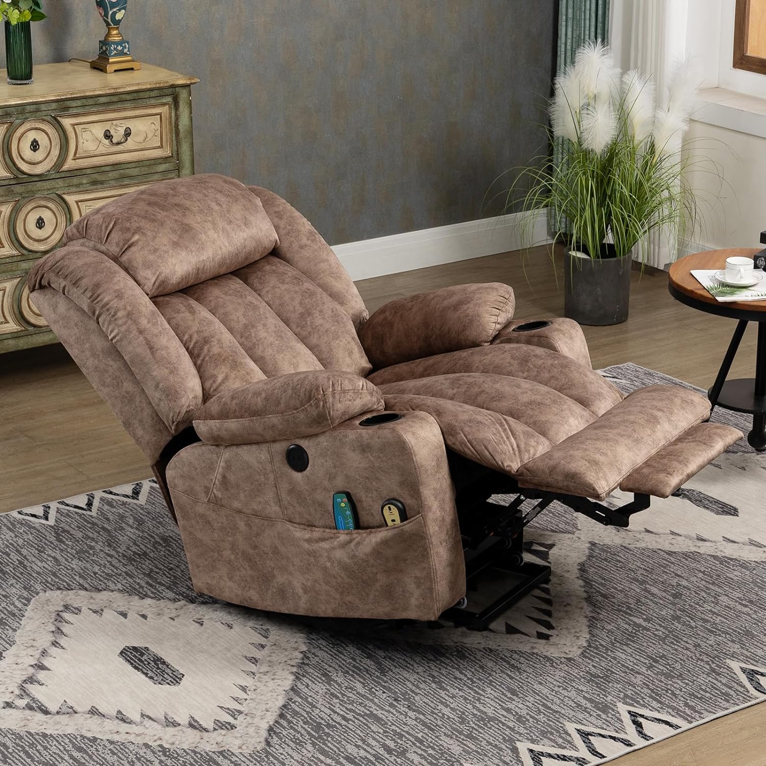 MEETWARM Large Power Lift Electric Recliner Chair with Extended Footrest for Big Tall Man, Overstuffed Wide Recliner with Massage and Heat, 2 Remote Controls/USB Ports/4 Side Pockets(Plush-Brown)