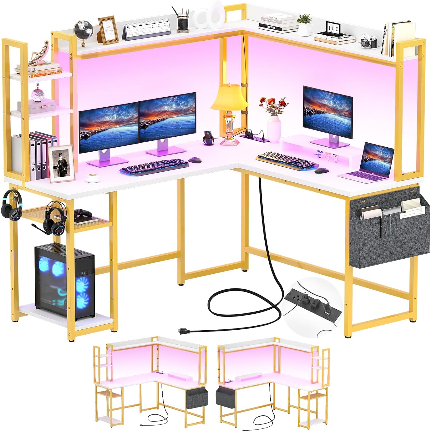 Aheaplus L Shaped Desk with Power Outlet, L Shaped Gaming Desk with Led Light & Hutch, Reversible Home Office Desk, Corner Computer Desk Writing Desk with Monitor Stand & Storage Shelf, White+Gold