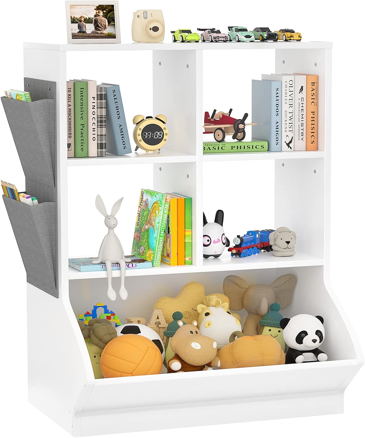 Aheaplus Toy Storage Organizer with Bookcase, 40'' Tall 5 Cubby Bookshelf Toy Storage Cabinet, Open Multi-Bins Wooden Toys&Books Storage Display Organizer for Playroom, Bedroom, Nursery, School, White