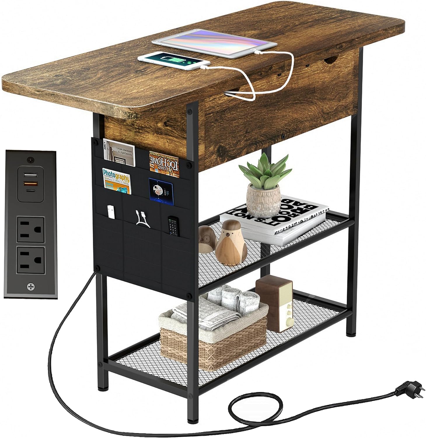 End Table Nightstand with Fast Charging Station, Flip Top Side Table with USB C Ports and Outlets, Sofa Couch Table Bedside Table for Living Room Bedroom and Small Space (Brown)