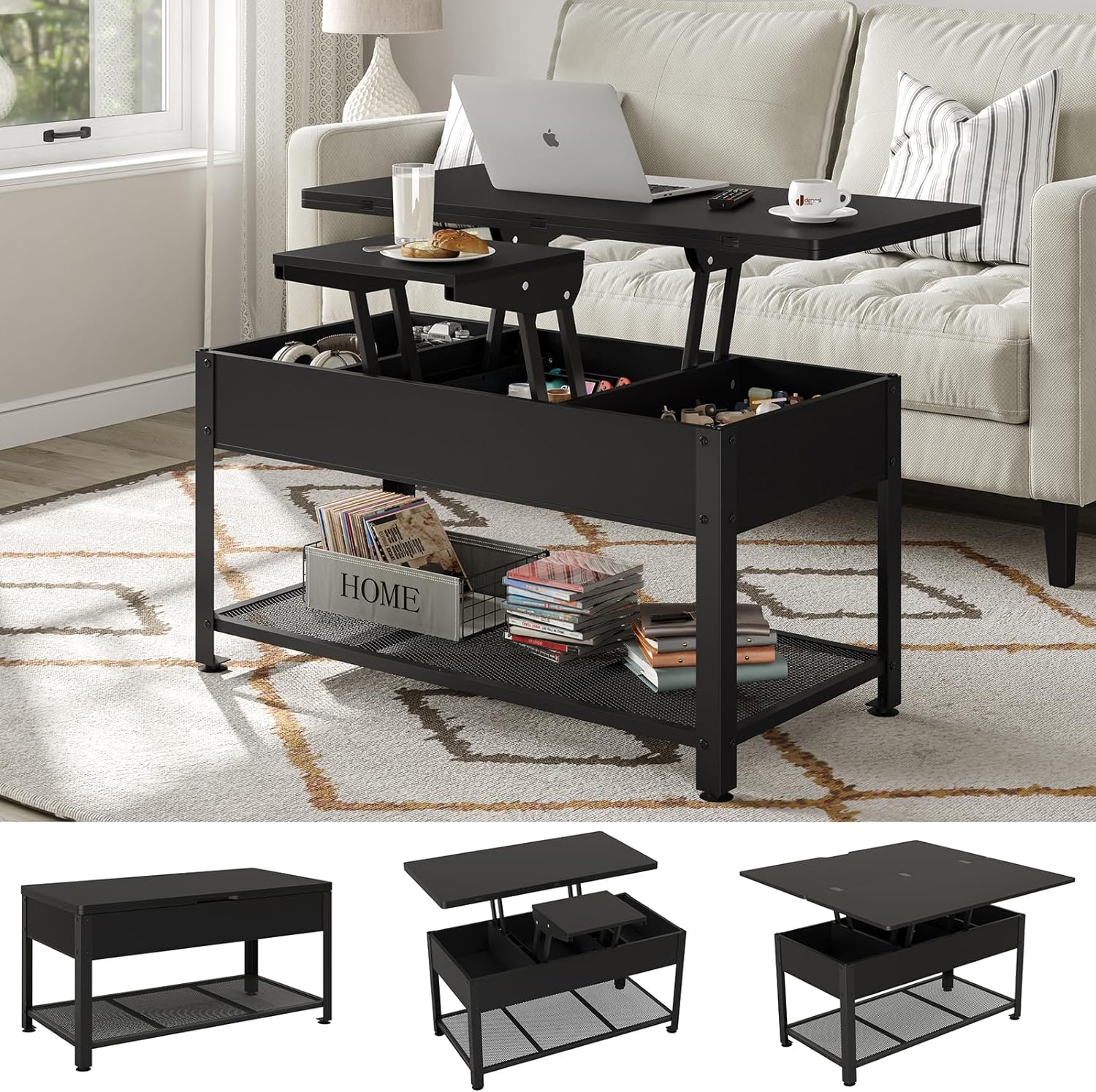 Furniouse Coffee Table Lift Top, 3 in 1 Multi-Function Coffee Table with Hidden Compartment, Coffee Table Converts to Dining Table for Living Room, Home Office, Black