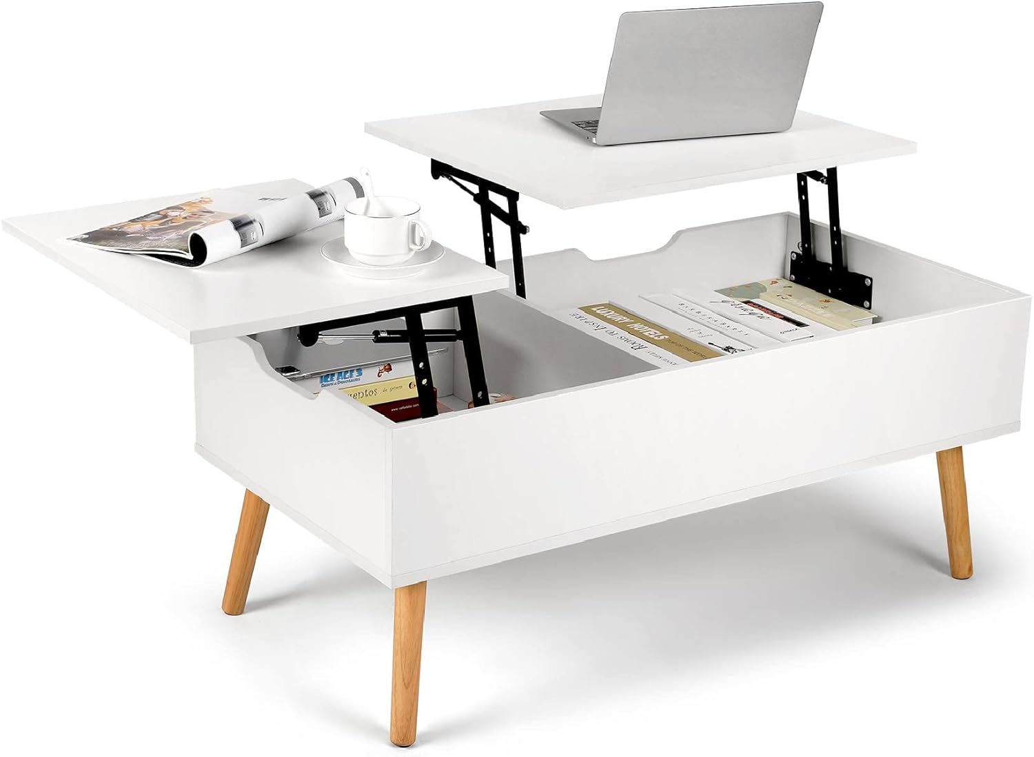VOWNER Coffee Table, Lift Top Coffee Table with Separate and Hidden Storage Compartment, Double Lift Tabletop, Sofa Table for Home Living Room, White