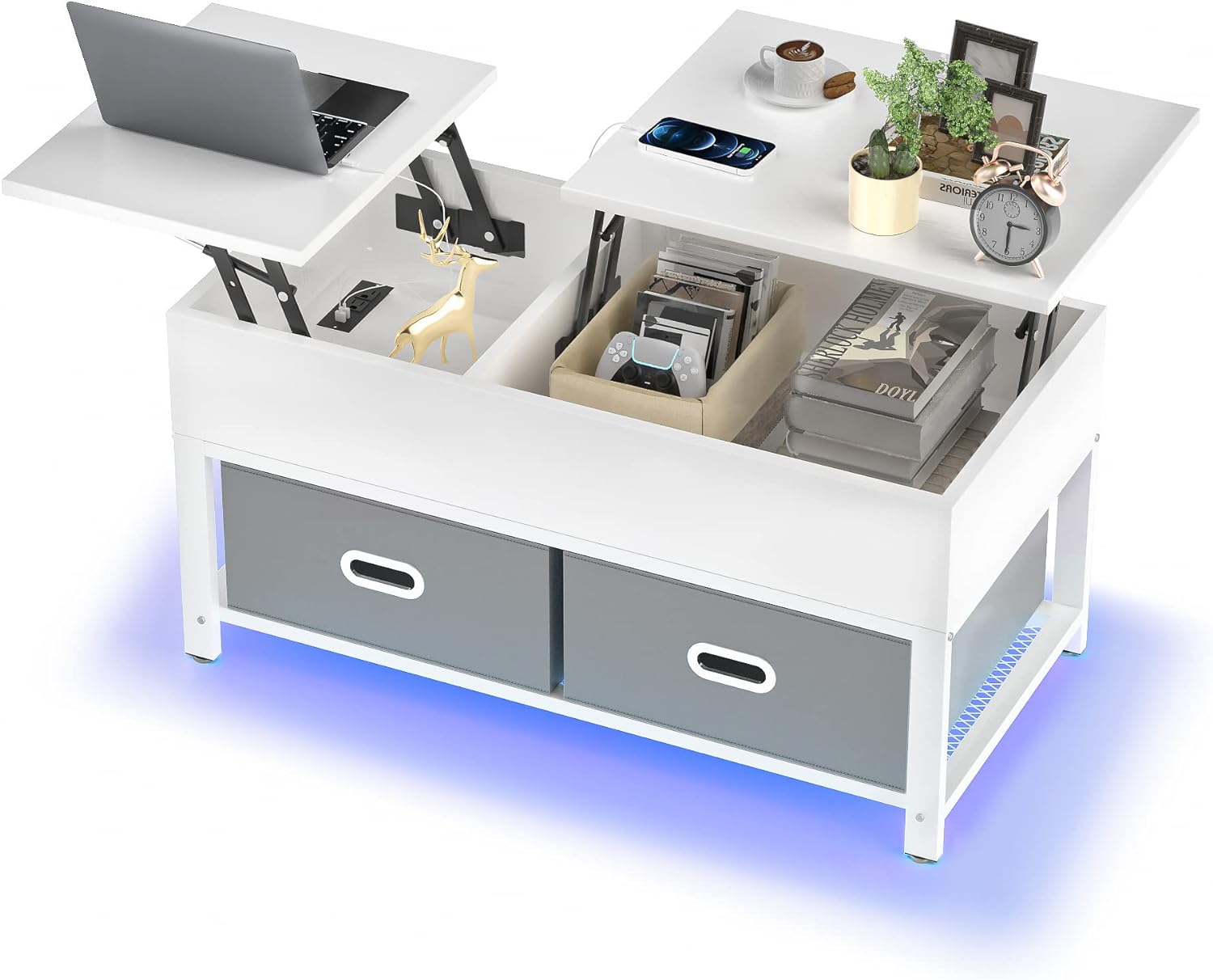 Hasipu Lift Top Coffee Table with Storage for Living Room LED Furniture 39.4,Modern Square Center Tables with USB Charging Port, White