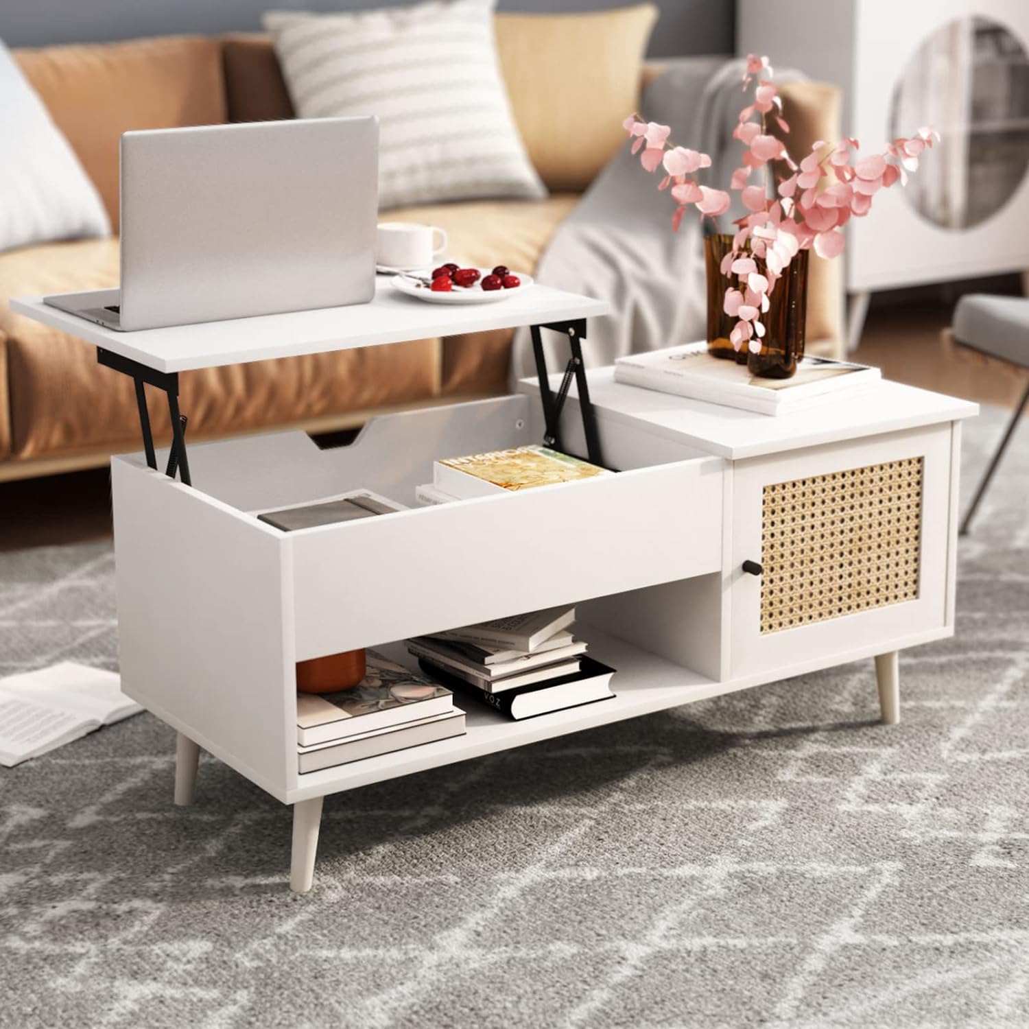 Shelf Lift Top Coffee Table with Hidden Compartment, Big Storage Space and Adjustable Tabletop Dining Table for Home Living Room, Office (White)