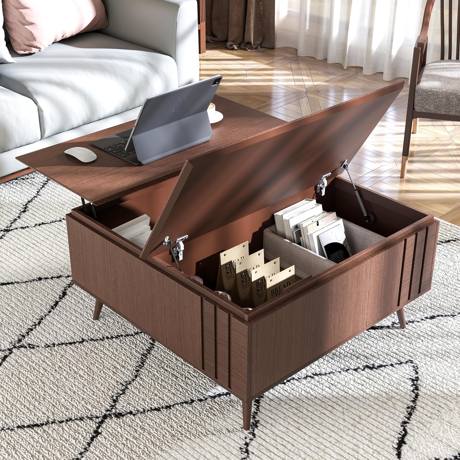 Lift Top Coffee Table with Storage,Mid-Century Modern,Plenty of Storage Space,Multi-Functional Table for Living Room,Convenient for Eating,Gaming,or Working on Computer