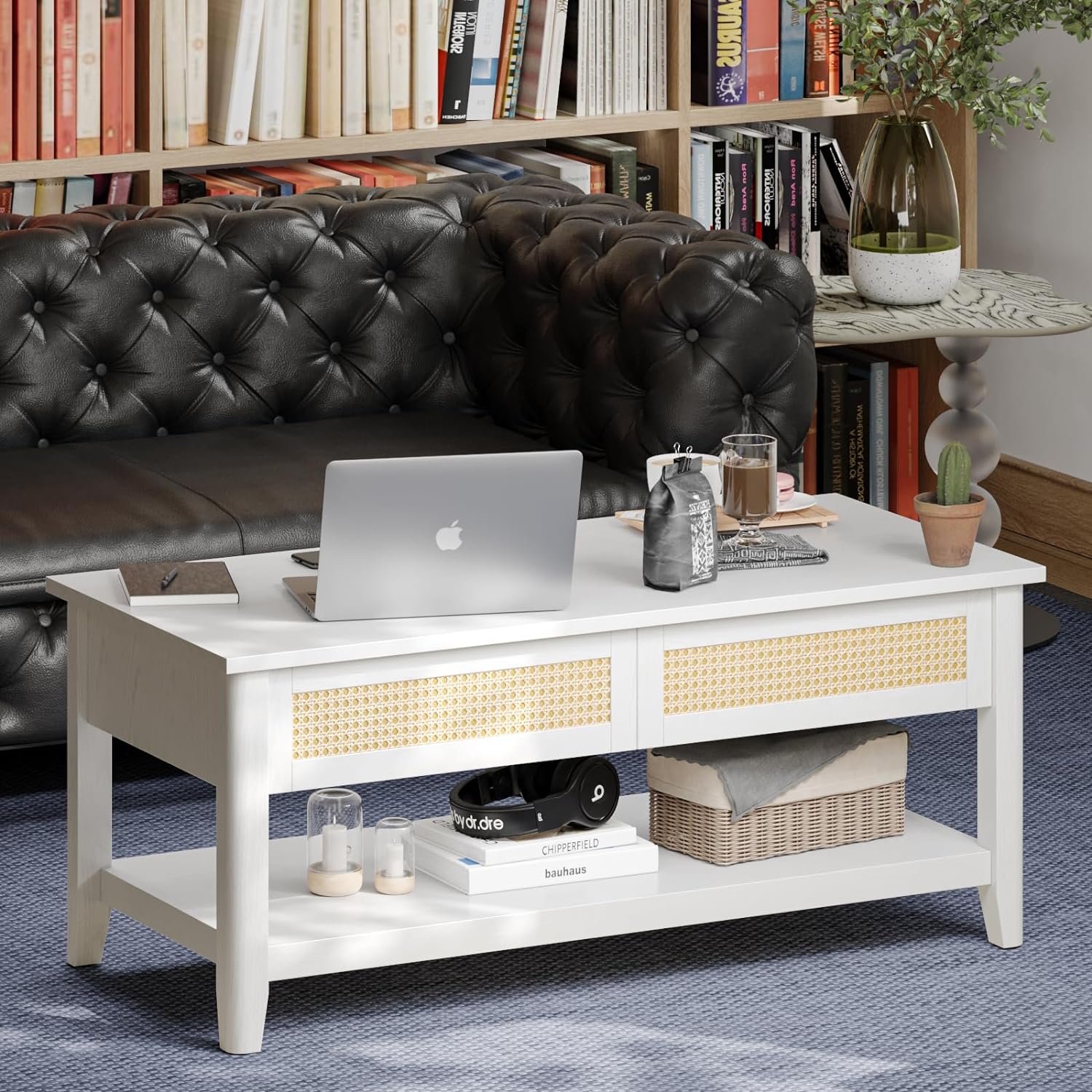 Lift Top Coffee Table, Wooden Coffee Table with Large Hidden Storage Shelf, 42 Lx19 Wx17 H, White