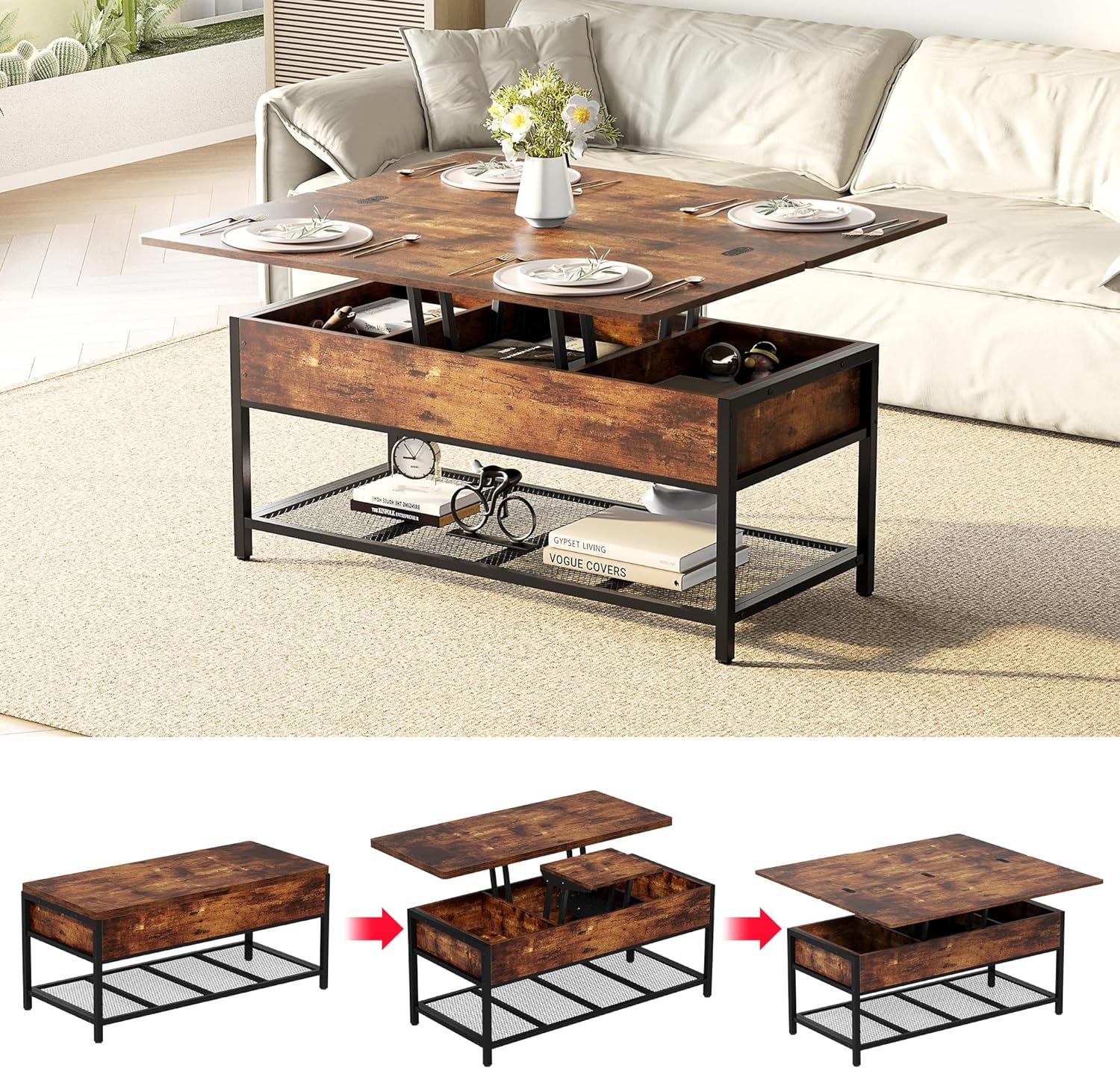 HOME BI 43 Lift Top Coffee Tables for Living Room, Coffee Table with Lifting Top 3 in 1 Multi-Function Coffee Table converts to Dining Table Coffee Table with Storage (Brown, 43 inch)