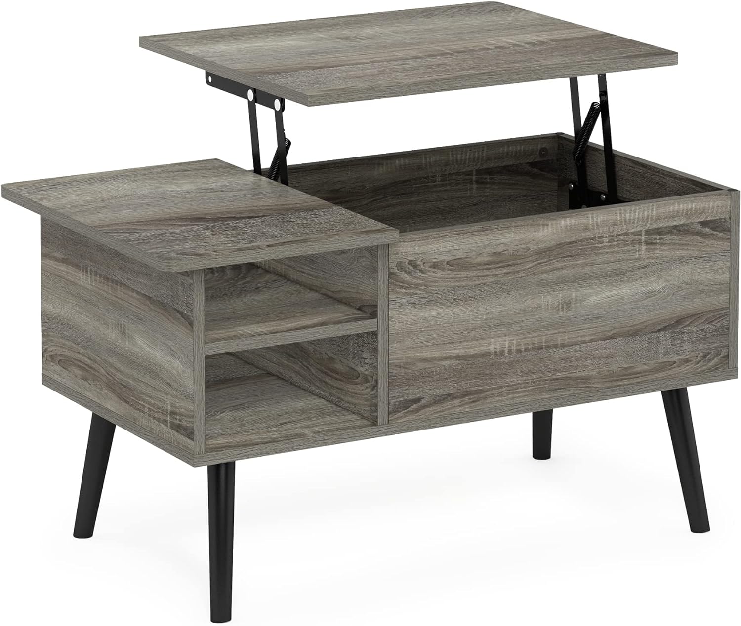 Furinno Jensen Living Room Wooden Leg Lift Top Coffee Table With Hidden Compartment and Side Open Storage Shelf, French Oak Grey