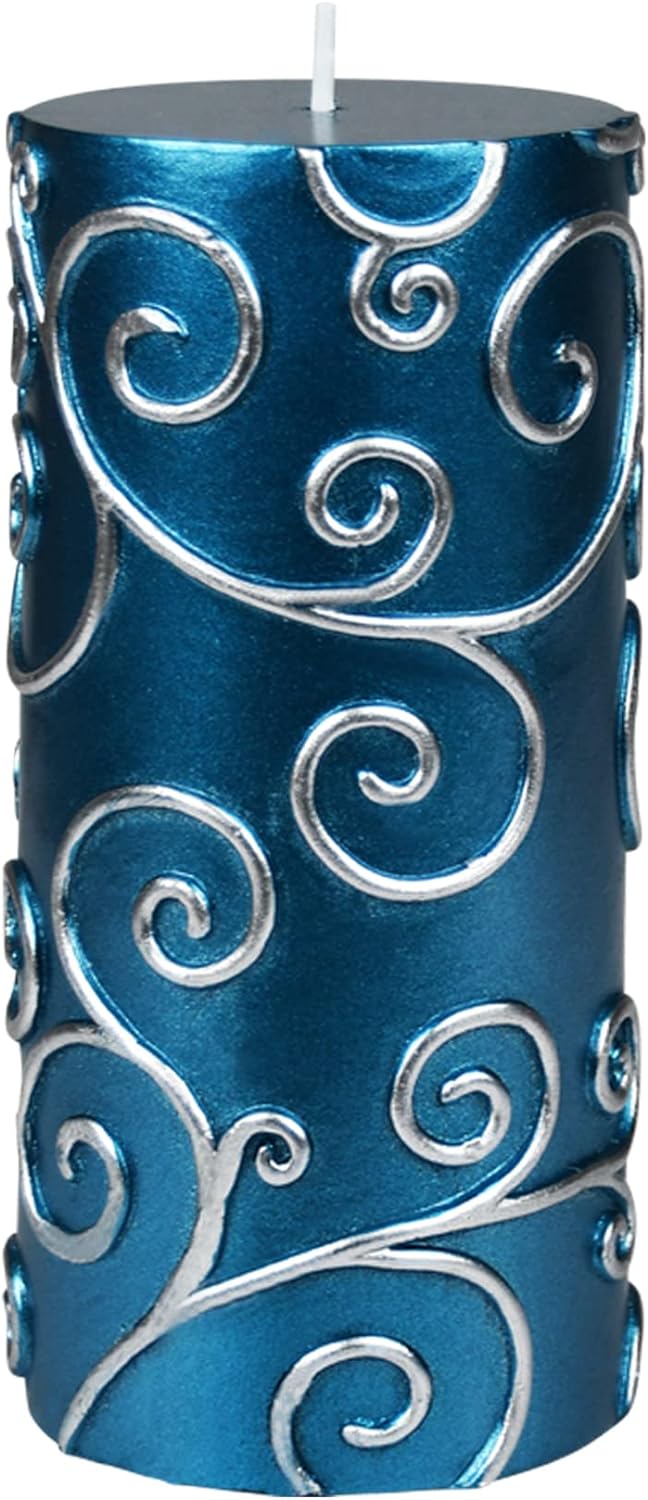 Pillar Candles, 3 by 6-Inch, Blue Scroll