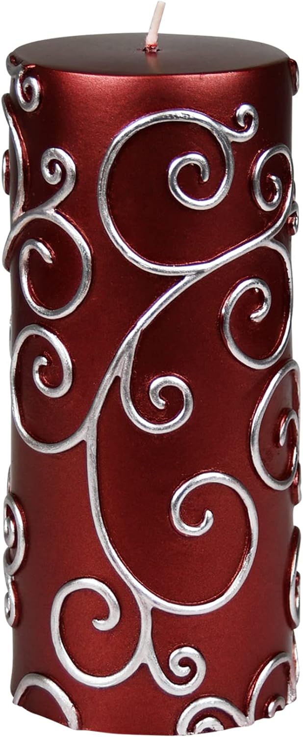 Pillar Candles, 3 by 6-Inch, Red Scroll