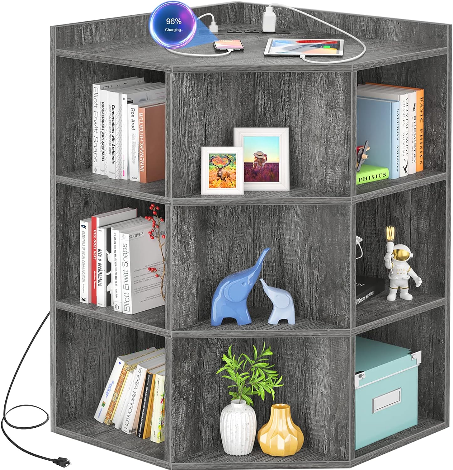 Aheaplus Corner Cabinet, Corner Storage with USB Ports and Outlets, Corner Cube Toy Storage for Small Space, Wooden Corner Cubby Bookshelf with 9 Cubes for Playroom, Bedroom, Living Room, Grey Oak
