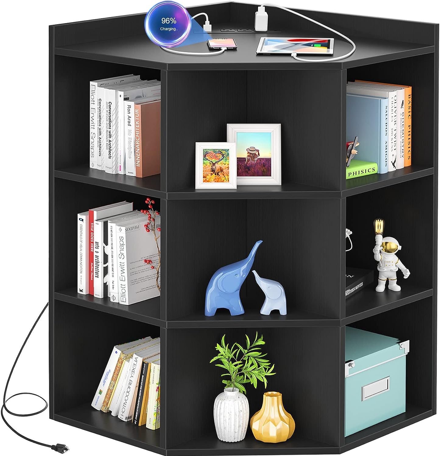Aheaplus Corner Cabinet Storage with USB Ports and Outlets, Corner Cube Toy Storage for Small Space, Wooden Cubby Bookshelf with 9 Cubes for Playroom, Bedroom, Living Room, Black