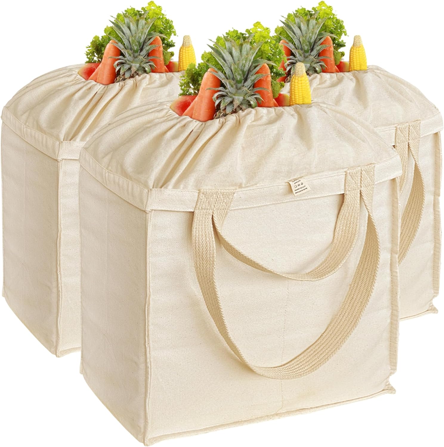 Reusable Grocery Bags Cotton Canvas Tote for Shopping with Handles Drawstring Extra Large Heavy Duty Foldable Washable