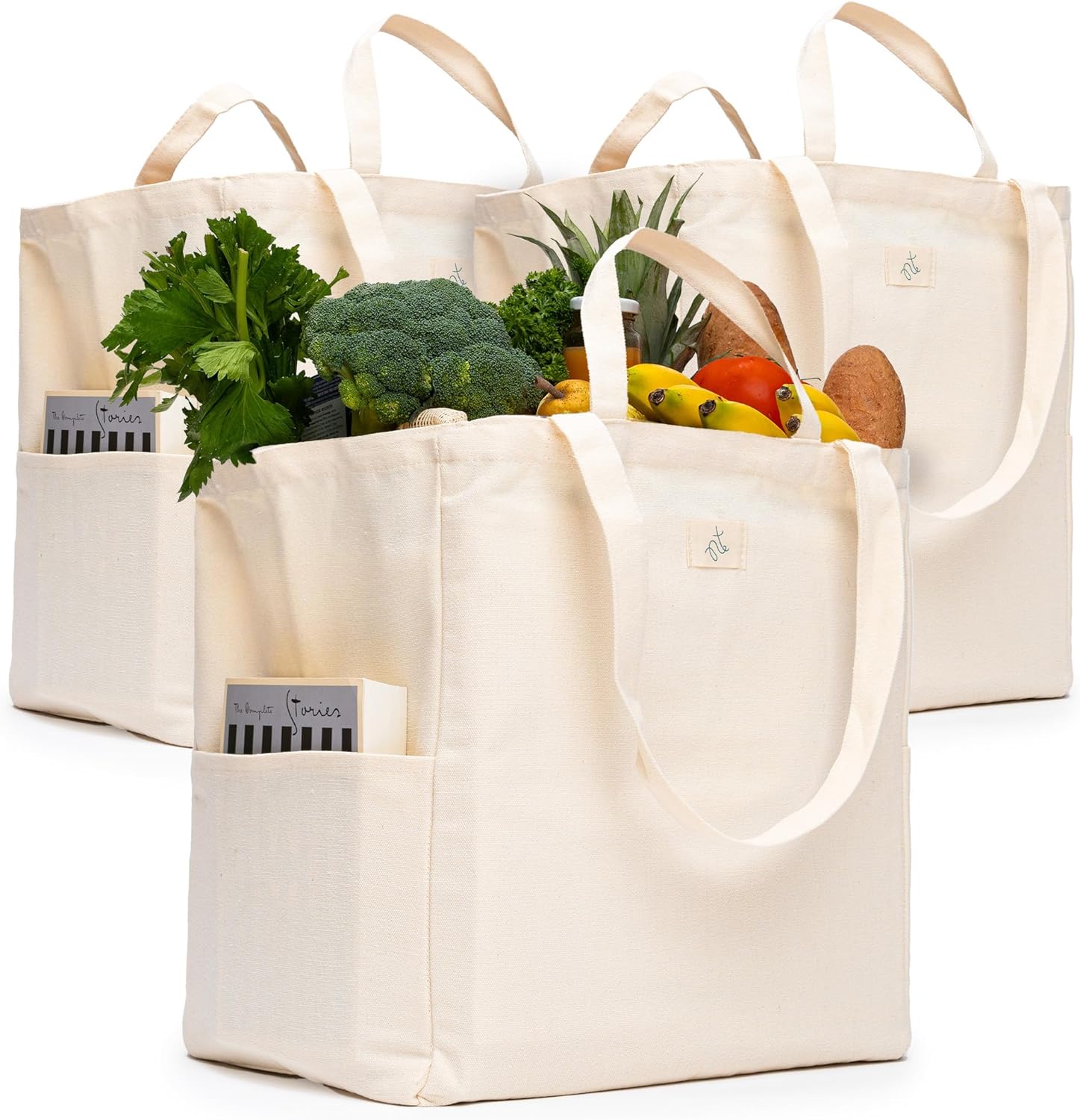 Reusable Grocery Bags - 100% Cotton 12Oz Canvas Grocery Bags with Handles, Large Kitchen Grocery Bags, Reusable Shopping Bags for Groceries, Grocery Tote Bag, Heavy Duty, Foldable Market Bag (Cream)