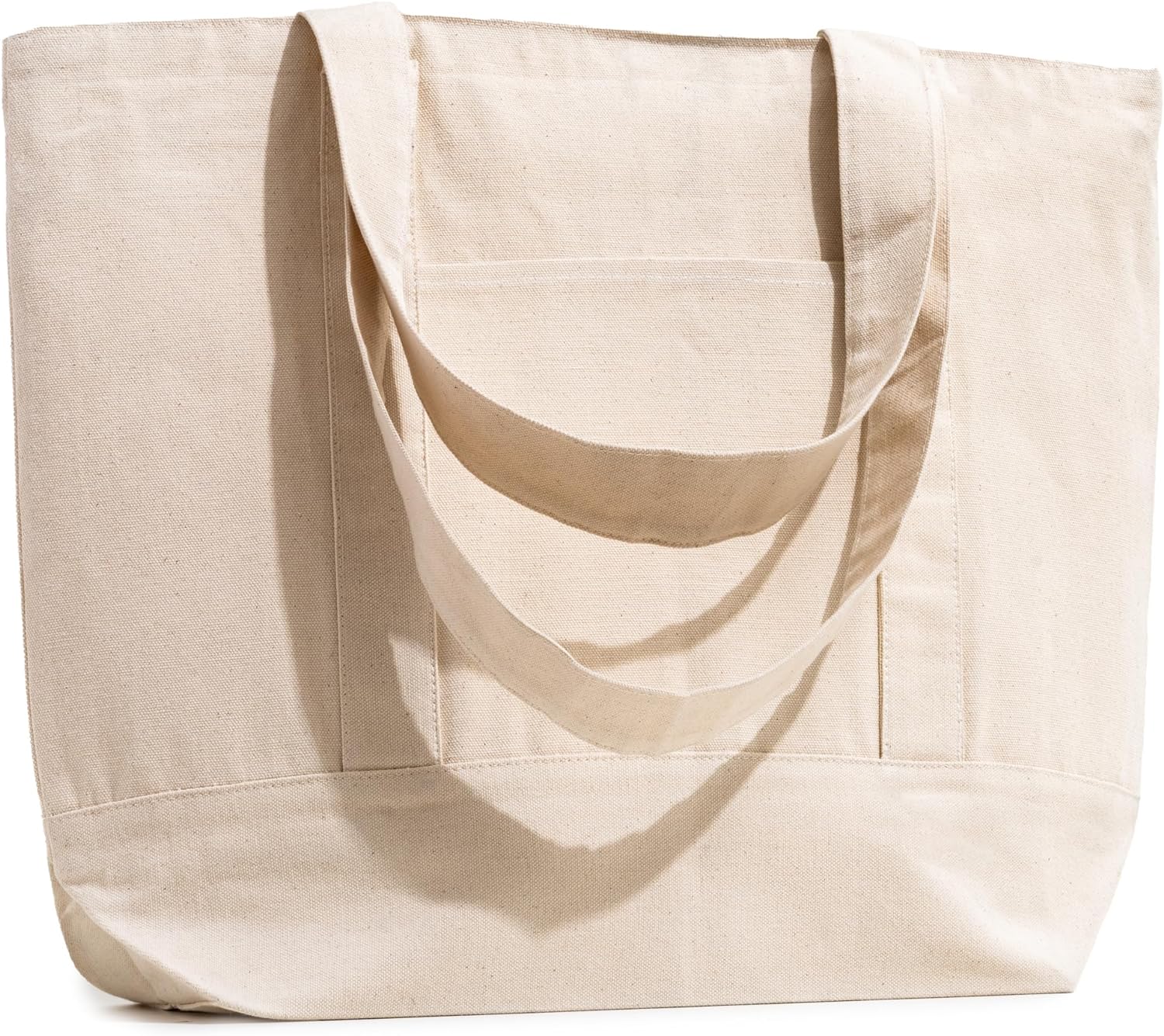 |Not Made In China| Organic Cotton Canvas Tote With Zippered Top, Front Pocket, Heavy Duty Reusable Shopping Bag