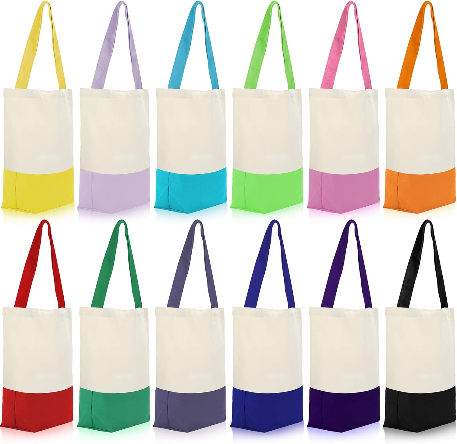 12 Pack Canvas Tote Bags 17 x 14 x 4 Inches Cotton Grocery Reusable Shopping Bags with Long Handles for Women Men Kitchen Beach DIY Crafting Multipurpose Totes Set, 12 Colors, Ordinary Style