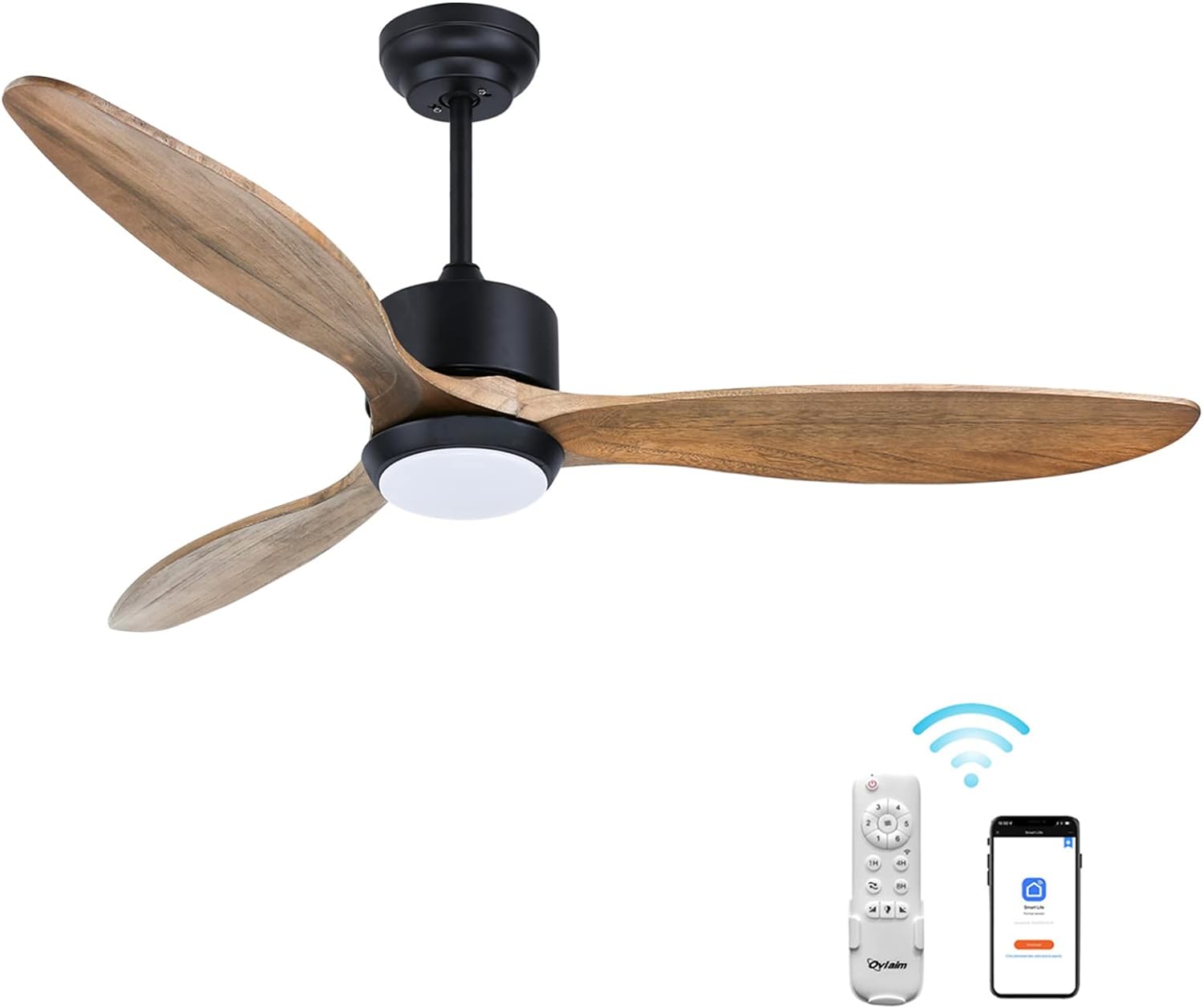 Ovlaim 52 Inch Indoor Outdoor Ceiling Fan, ETL Listed Quiet DC Motor Solid Wood Ceiling Fans with Lights Remote Control, 3 Blade Propeller Smart Ceiling Fan for Bedroom Living Room