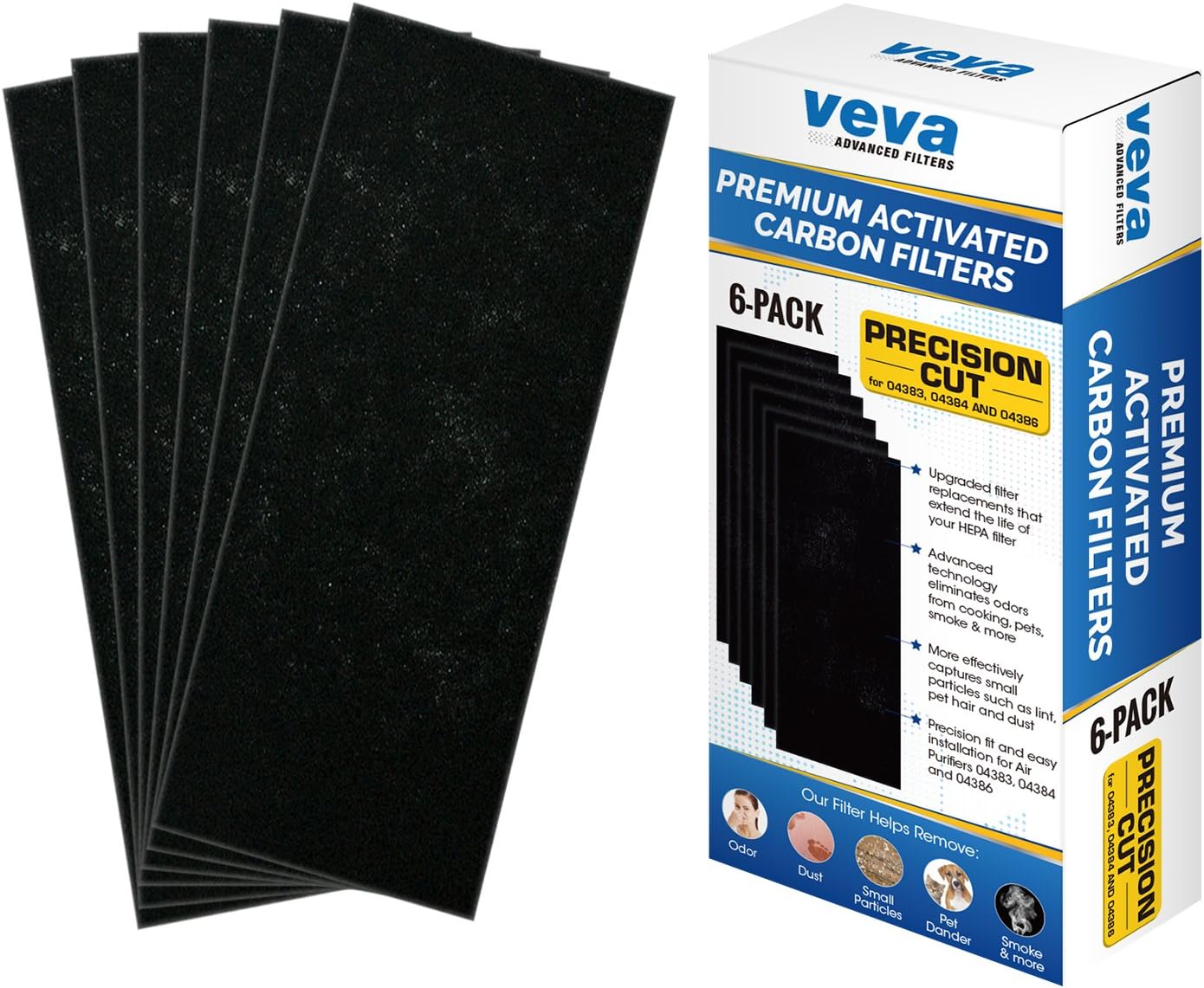 Full Size Premium Activated Carbon Pre Filter 6 Pack Compatible with HB Air Purifier 04383, 04383A, 04384 and 04386 for Pet, Smoke and Odor Eliminator, 100% Safe and Zeolite Free by VEVA