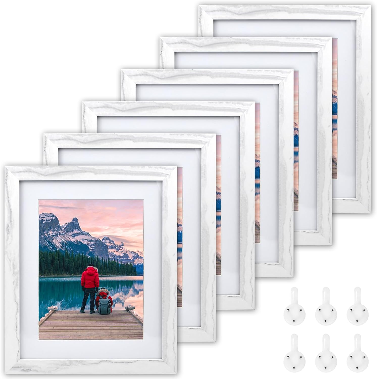 8x10 Picture Frames Set of 6, 8x10 Photo Frames with Mat Marble White 6 Pack,MDF Distressed Wooden Frame for Table Top Display, Set of 6 Picture Frames 8x10 for Wall Decoration with Hang nails