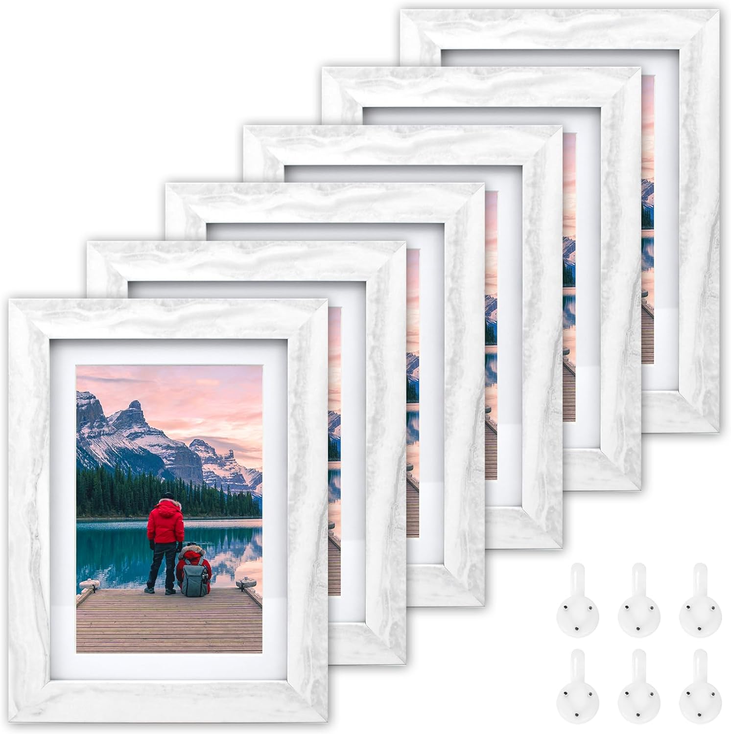 5x7 Picture Frames Set of 6, 5x7 Photo Frames with Mat Marble White 6 Pack, MDF Distressed Wooden Frame for Table Top Display, Set of 6 Picture Frames 5x7 for Wall Decoration with Hang nails