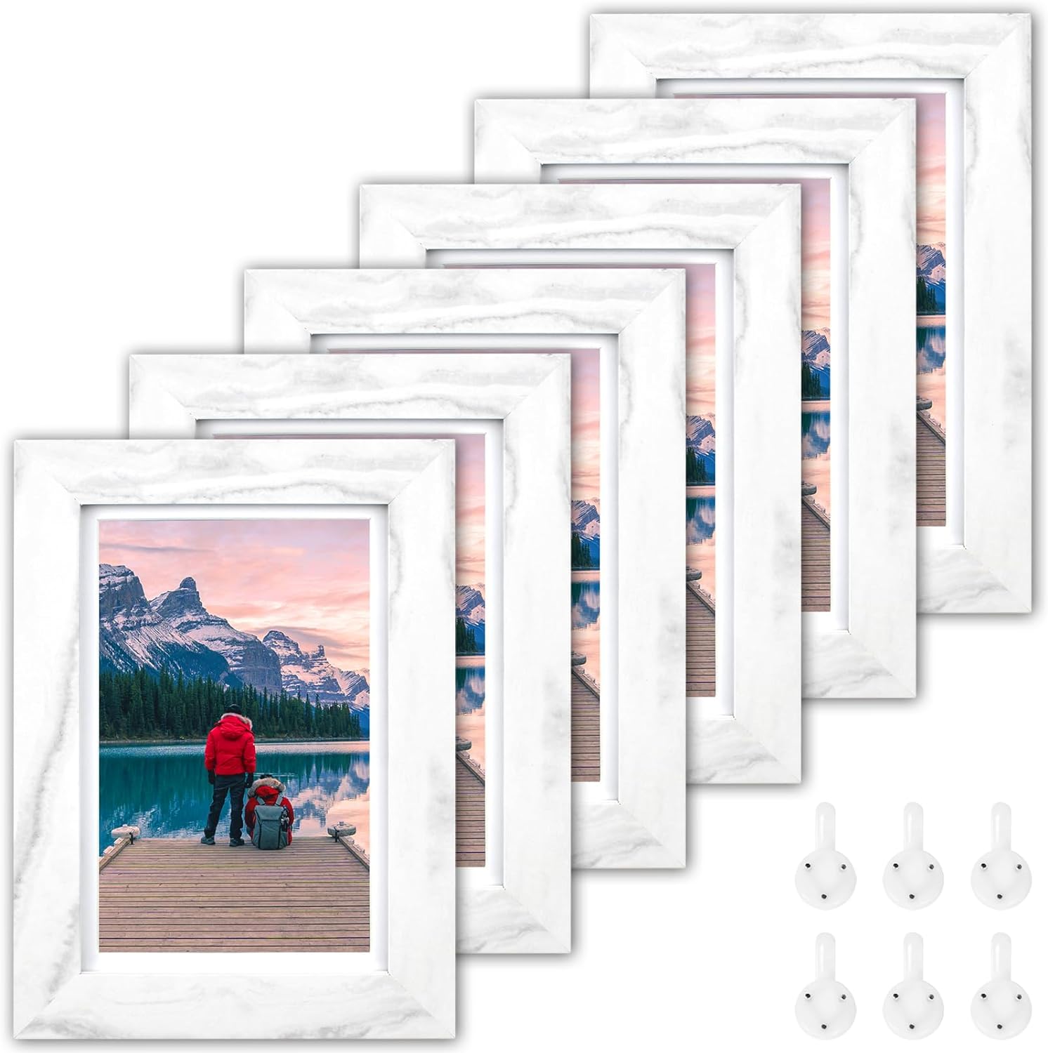 4x6 Picture Frames Set of 6, 4x6 Photo Frames with Mat Marble White 6 Pack, MDF Distressed Wooden Frame for Table Top Display, Set of 6 Picture Frames 4x6 for Wall Decoration with Hang nails