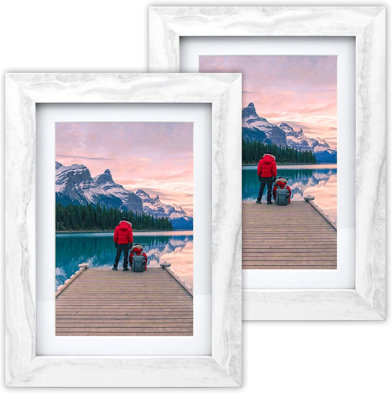 5x7 Picture Frame Set 2 Pack,Marble White 5x7 Photo Frames with Mat, MDF Distressed Wooden Frame for Table Top Display Frames 5x7 for Wall Decoration with Hang nails