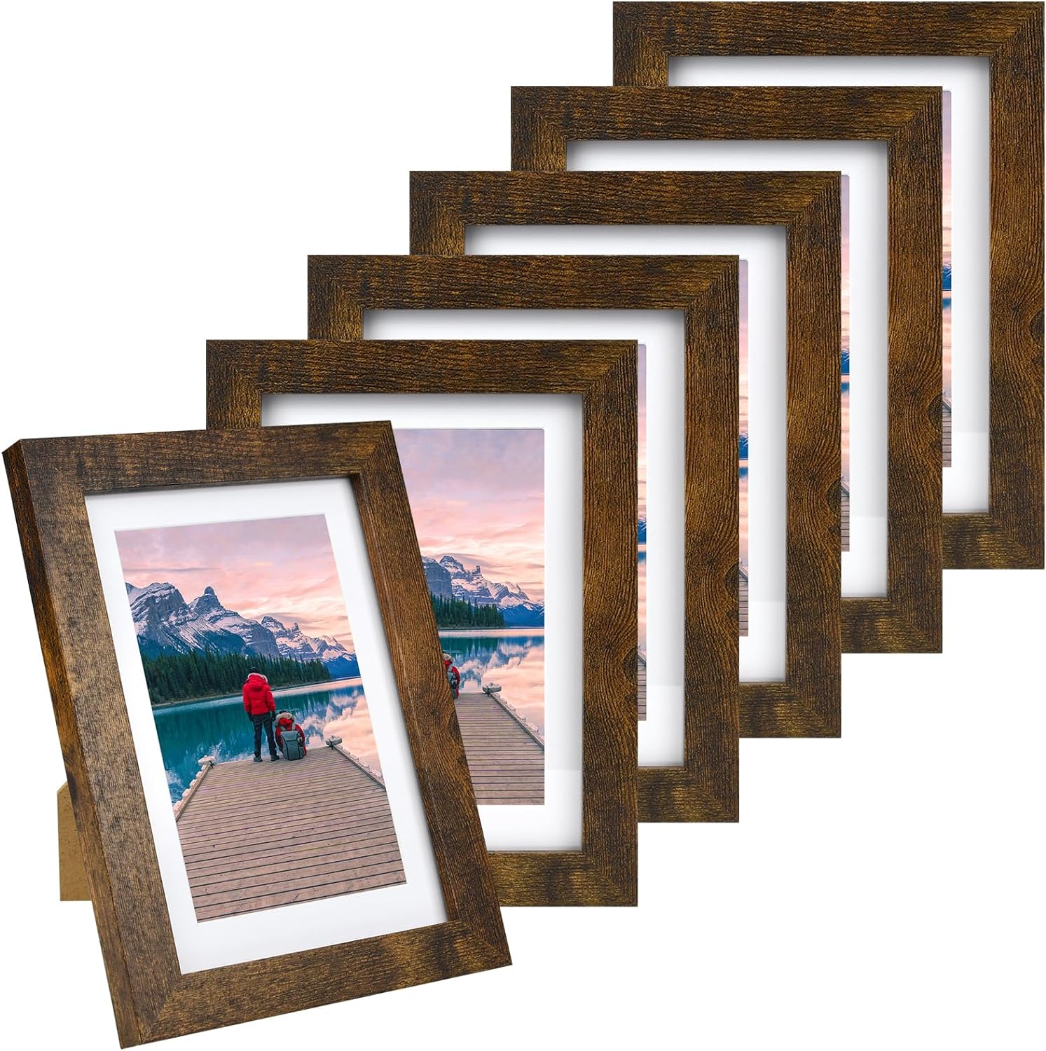 5x7 Picture Frames Set of 6, MDF Retro Wooden Color 5x7 Photo Frames with Mat 6 Pack, Distressed Wooden Style Frame for Table Top Display, Picture Frames 5x7 for Decoration with Hang nails