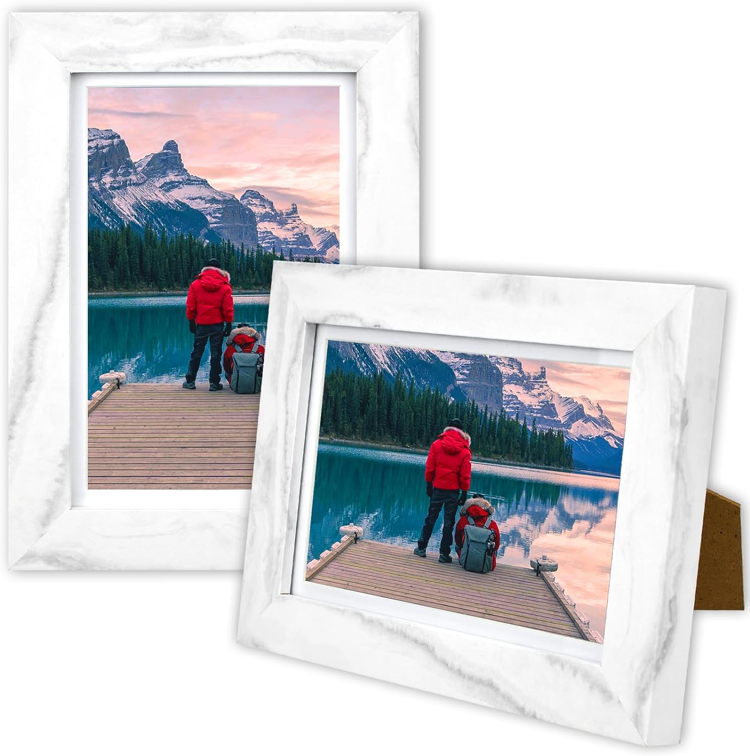 4x6 Picture Frame Set 2 Pack, Marble White 4x6 Photo Frames with Mat, MDF Distressed Wooden Frame for Table Top Display Frames 4x6 for Wall Decoration with Hang nails