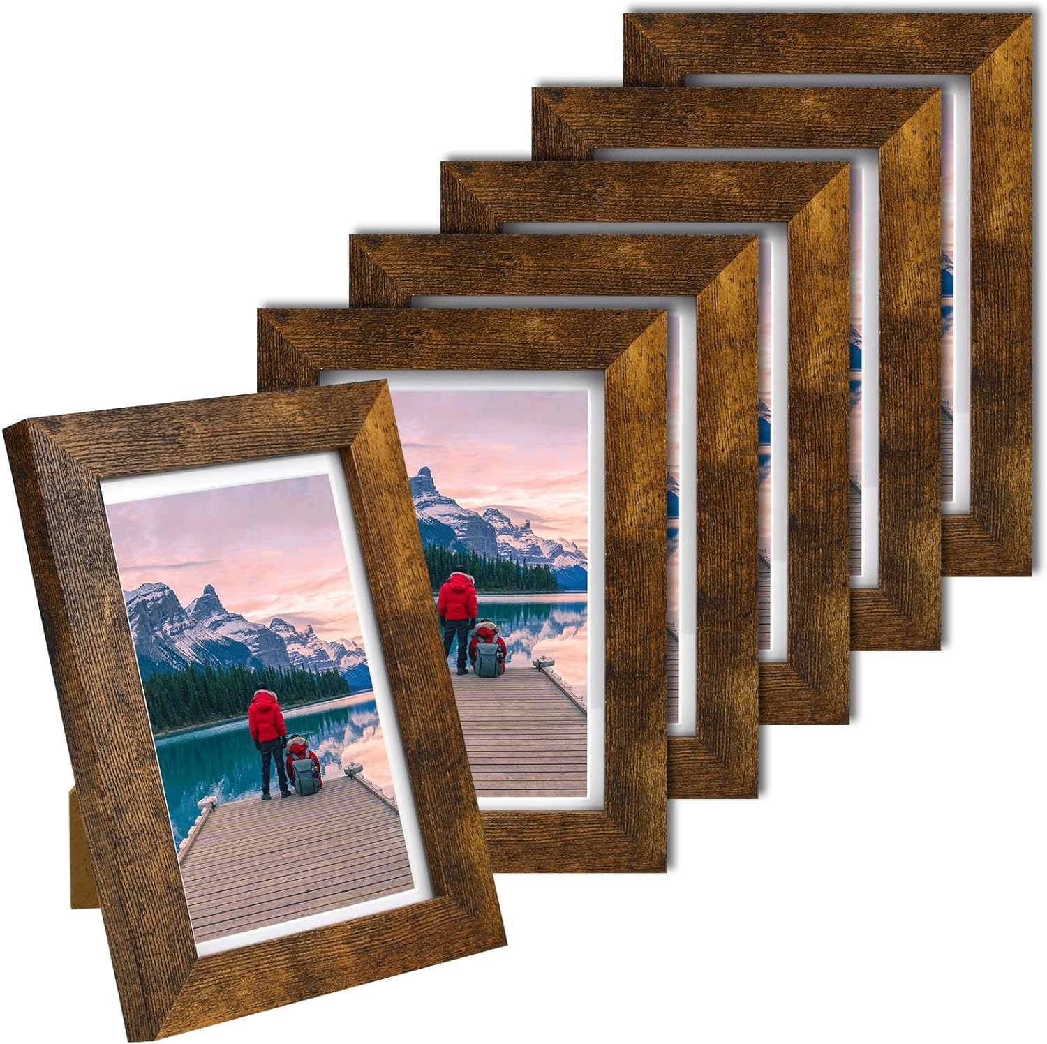 4x6 Picture Frames Set of 6, MDF Retro Wooden Color 4x6 Photo Frames with Mat 6 Pack, Distressed Wooden Style Frame for Table Top Display, Picture Frames 4x6 for Decoration with Hang nails