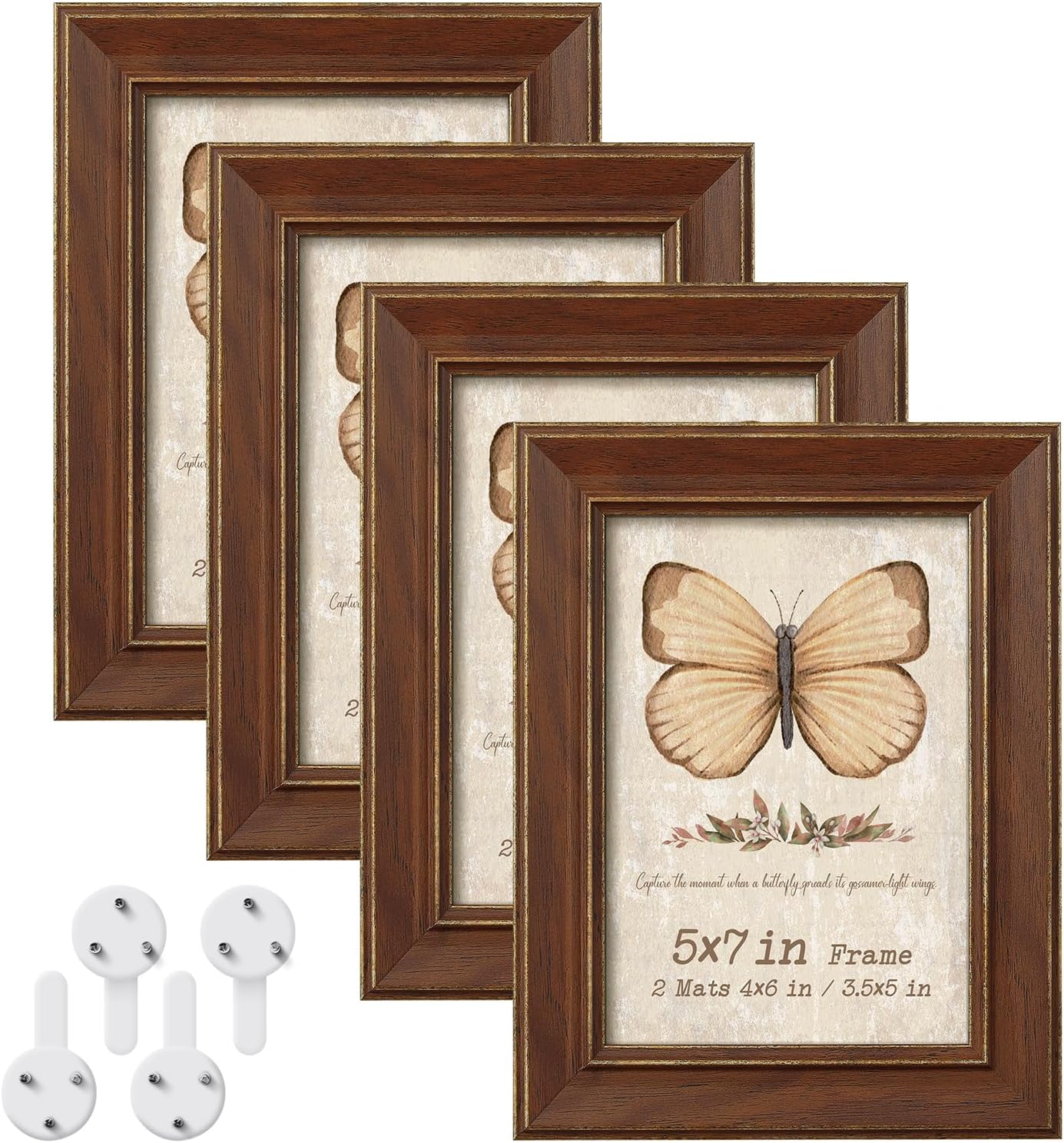 5x7 Picture Frame Set of 4 with 2 Mats, Brown Rustic Farmhouse Photo Frames with Tempered Glass, 4x6 and 3.5x5 with Mat or 5x7 without Mat for Wall Hanging or Tabletop Display, Home Gallery Decor Gift