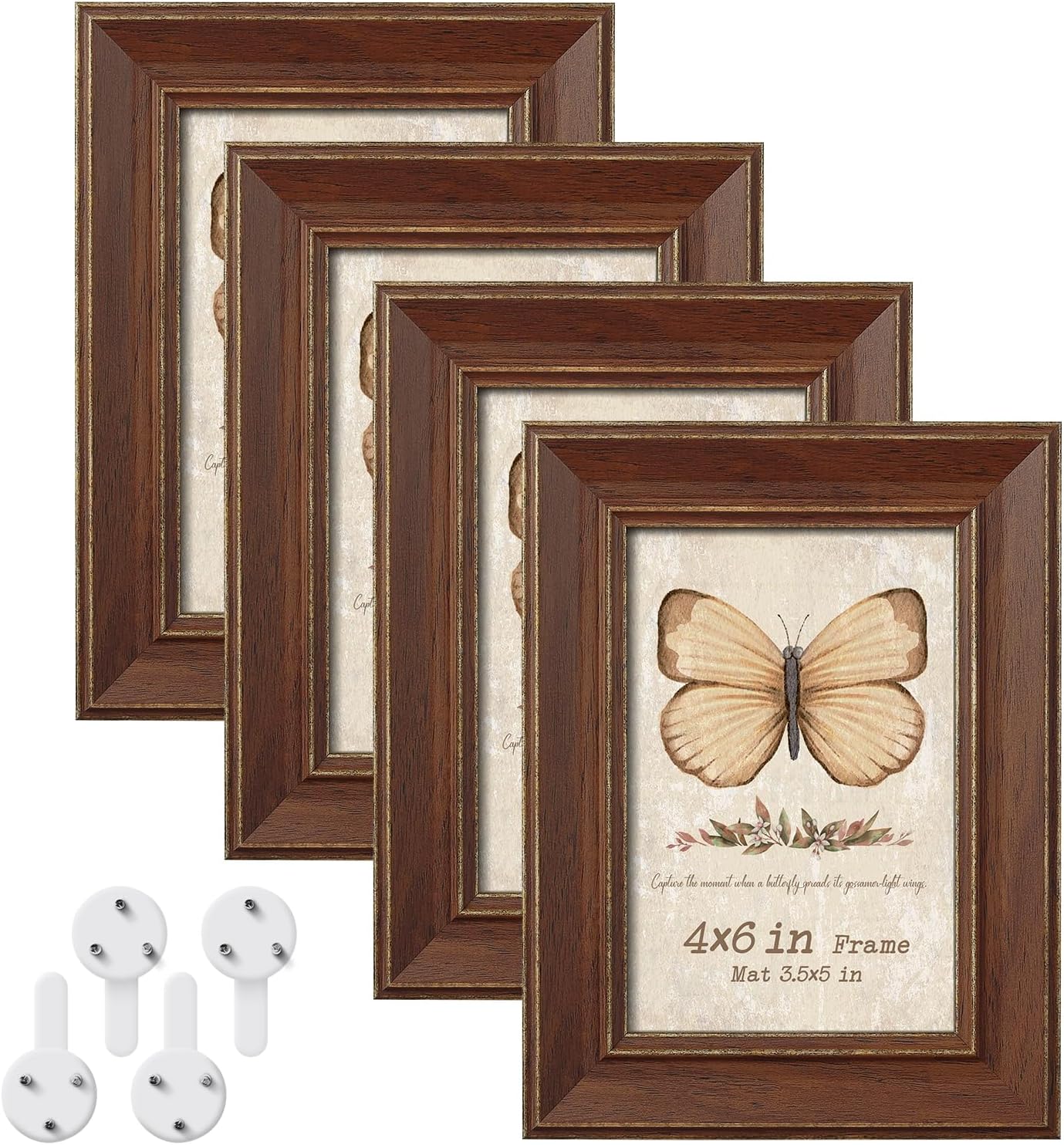 4x6 Brown Distressed Picture Frame Set of 4, Rustic Farmhouse Photo Frame with Tempered Glass, 3.5x5 with Mat or 4x6 without Mat for Wall Hanging or Tabletop Display, Vintage Home Gallery Decor 4 Pack