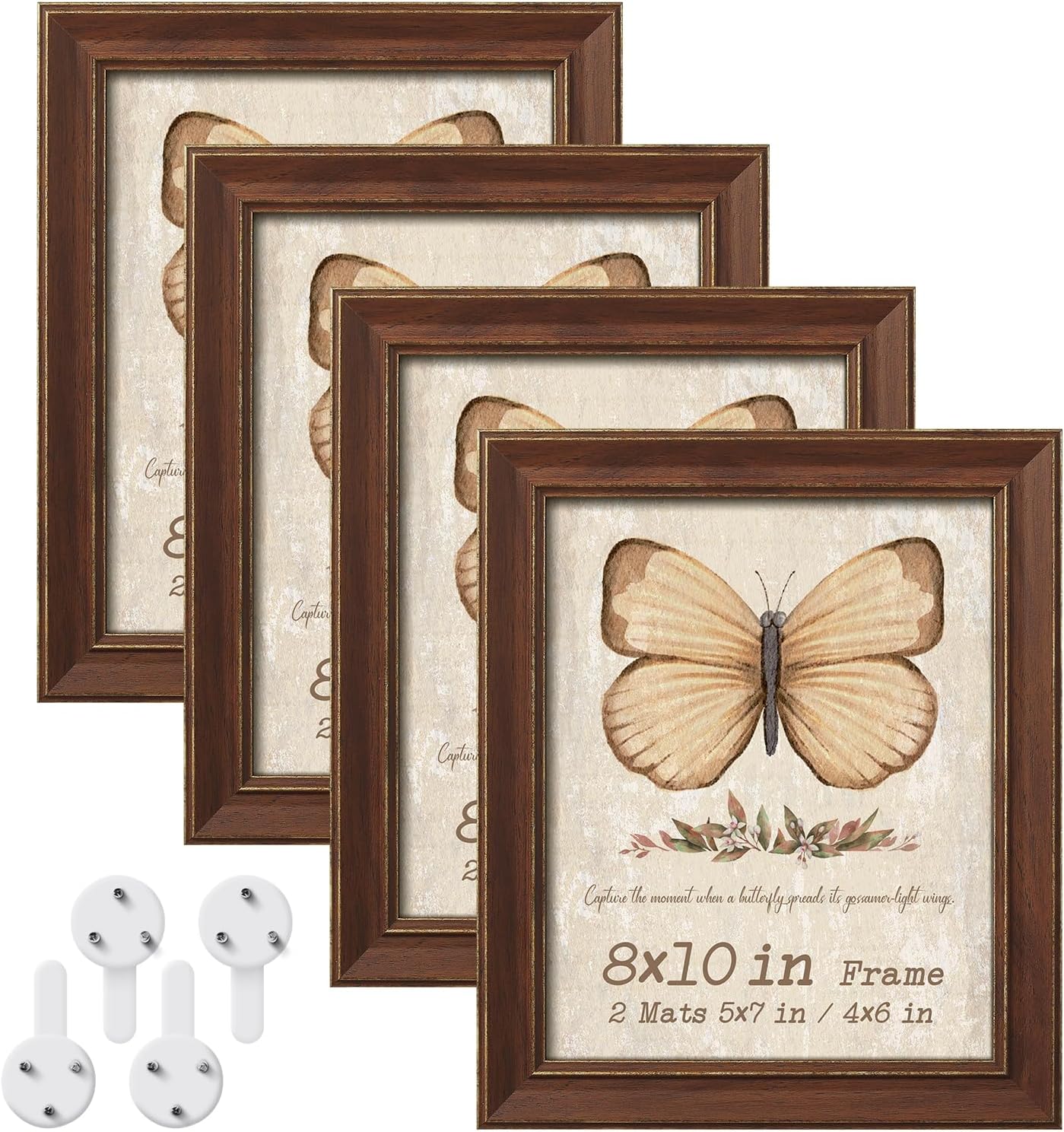 8x10 Picture Frame Set of 4 with 2 Mats, Brown Rustic Farmhouse Photo Frames with Tempered Glass, 5x7 and 4x6 with Mat or 8x10 without Mat for Wall Hanging or Tabletop Display, Home Gallery Decor Gift