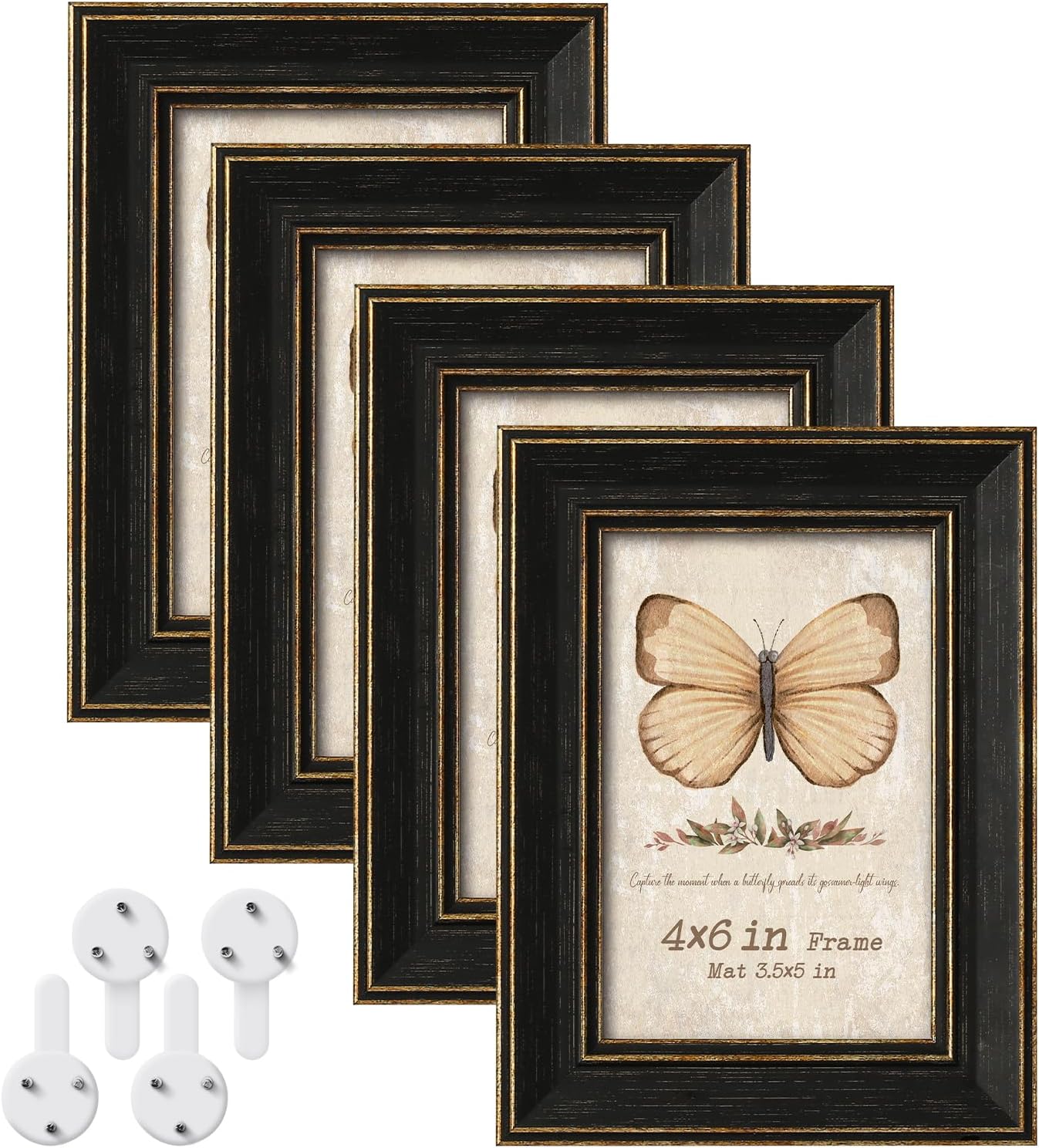 4x6 Black Picture Frame Set of 4, Rustic Farmhouse Distressed Photo Frame with Tempered Glass, 3.5x5 with Mat or 4x6 without Mat for Wall Hanging or Tabletop Display, Vintage Home Gallery Decor 4 Pack