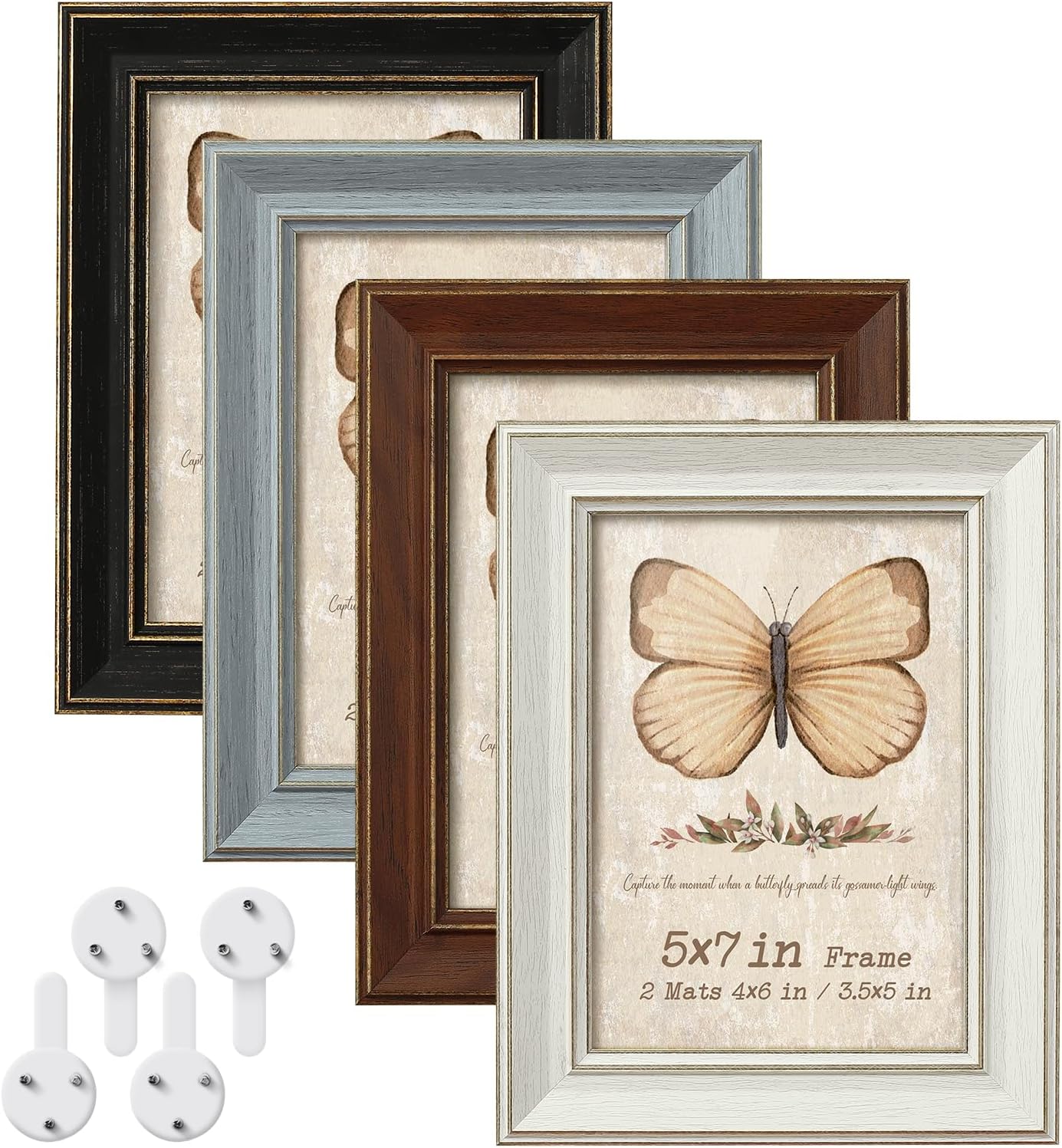 5x7 Picture Frame Set of 4 with 2 Mats, Rustic Farmhouse Photo Frame with Tempered Glass, Distressed Vintage Frame 3.5x5 & 4x6 with Mat or 5x7 without Mat for Wall or Tabletop Display Home Office Gift