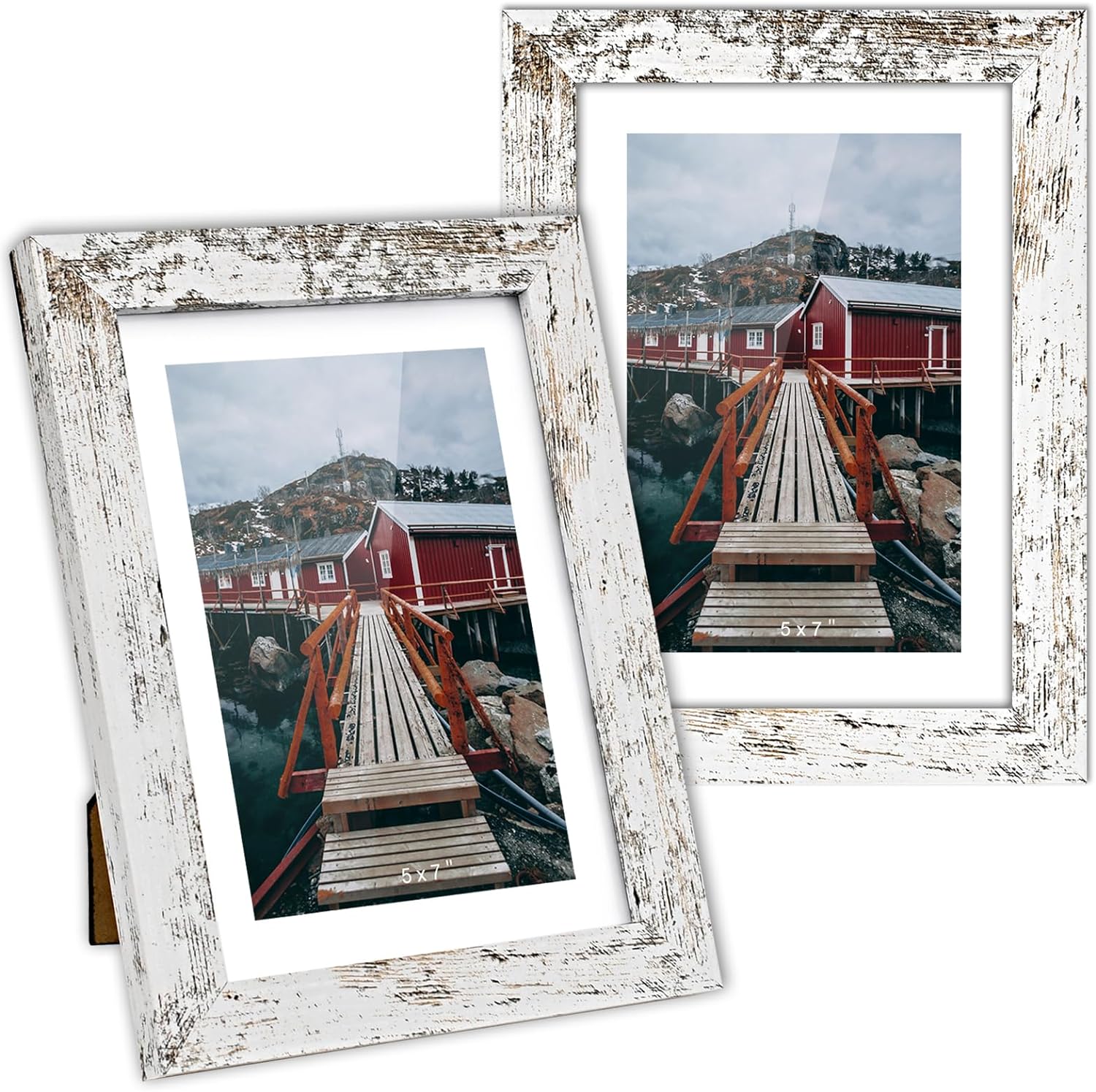 Rustic Picture Frame 5x7 White - Display Photos 4x6 with Mat or 5x7 Without Mat Photo Frames -HD Glass Horizontal and Vertical Decor for Wall or Tabletop - Set of 2 (White, 5 x 7-2P)