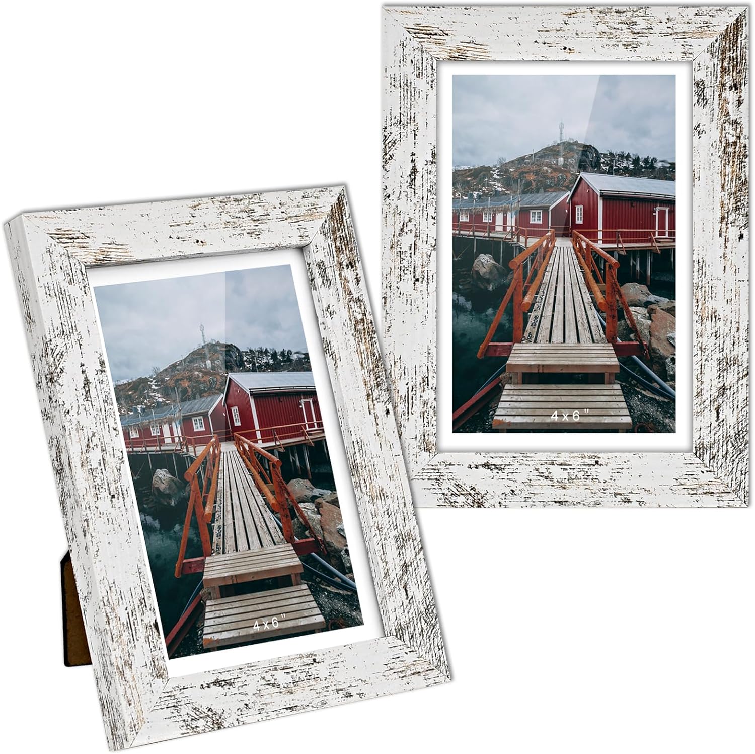 Rustic Picture Frame 4x6 White - Display Photos 3.5x5.5 with Mat or 4x6 Without Mat Photo Frames -HD Glass Horizontal and Vertical Decor for Wall or Tabletop - Set of 2 (White, 4 x 6-2P)