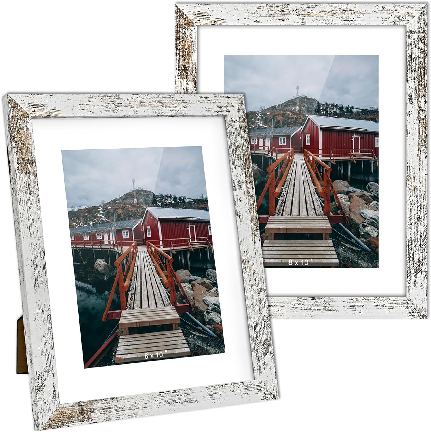 Rustic Picture Frame 8x10 White - Display Photos 6x8 with Mat or 8x10 Without Mat Photo Frames -HD Glass Horizontal and Vertical Decor for Wall or Tabletop - Set of 2 (White, 8 x 10-2P)