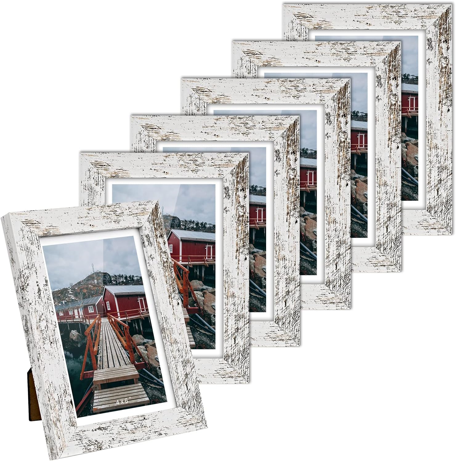 Rustic Picture Frame 4x6 White - Display Photos 3.5x5.5 with Mat or 4x6 Without Mat Photo Frames -HD Glass Horizontal and Vertical Decor for Wall or Tabletop - Set of 6 (White)