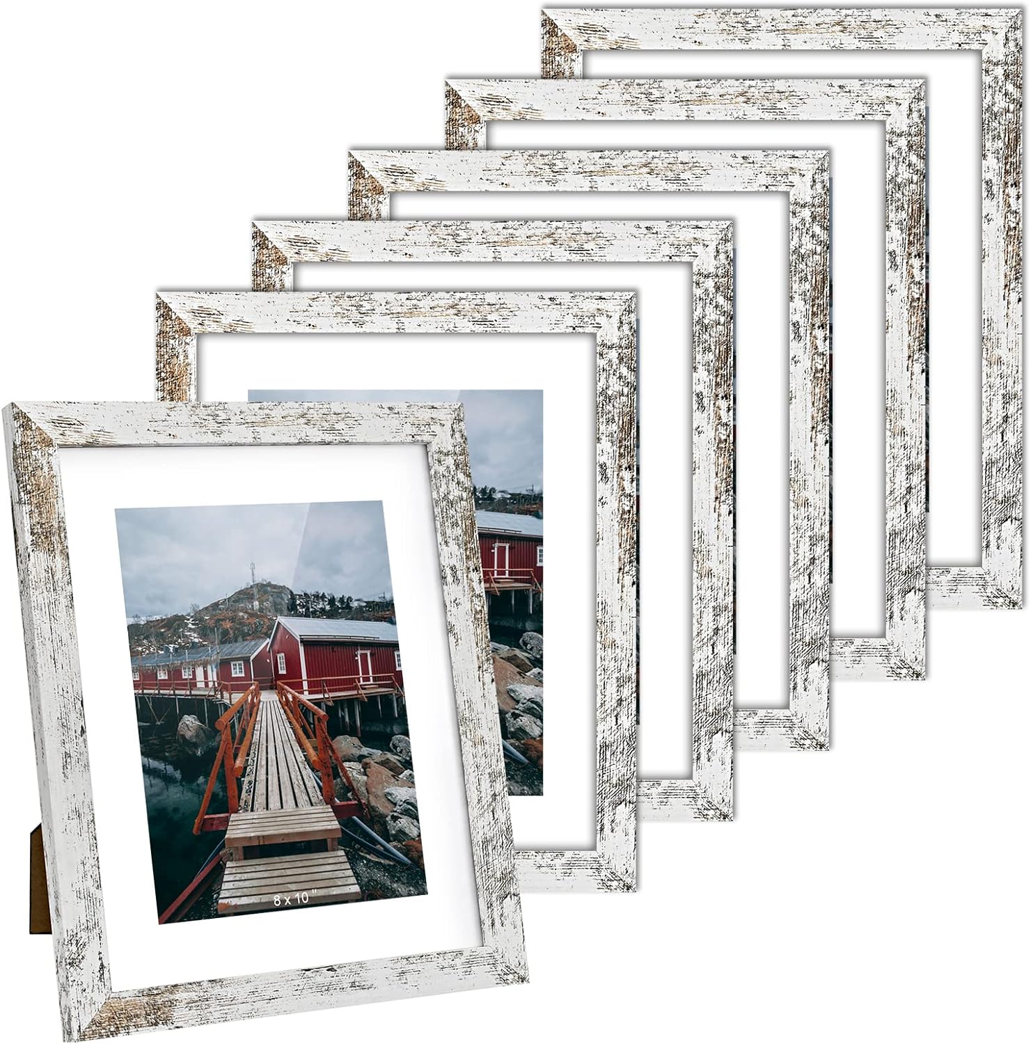 Rustic Picture Frame 8x10 White - Display Photos 6x8 with Mat or 8x10 Without Mat Photo Frames -HD Glass Horizontal and Vertical Decor for Wall or Tabletop - Set of 6 (White)