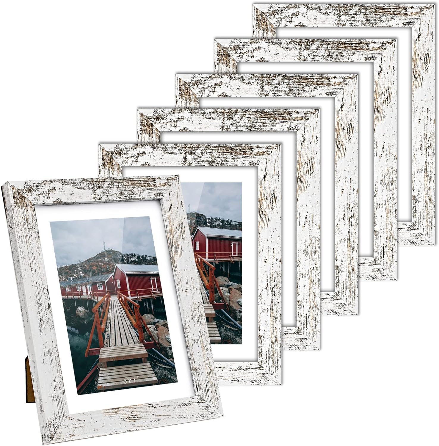 Rustic Picture Frame 5x7 White - Display Photos 4x6 with Mat or 5x7 Without Mat Photo Frames -HD Glass Horizontal and Vertical Decor for Wall or Tabletop - Set of 6 (White)