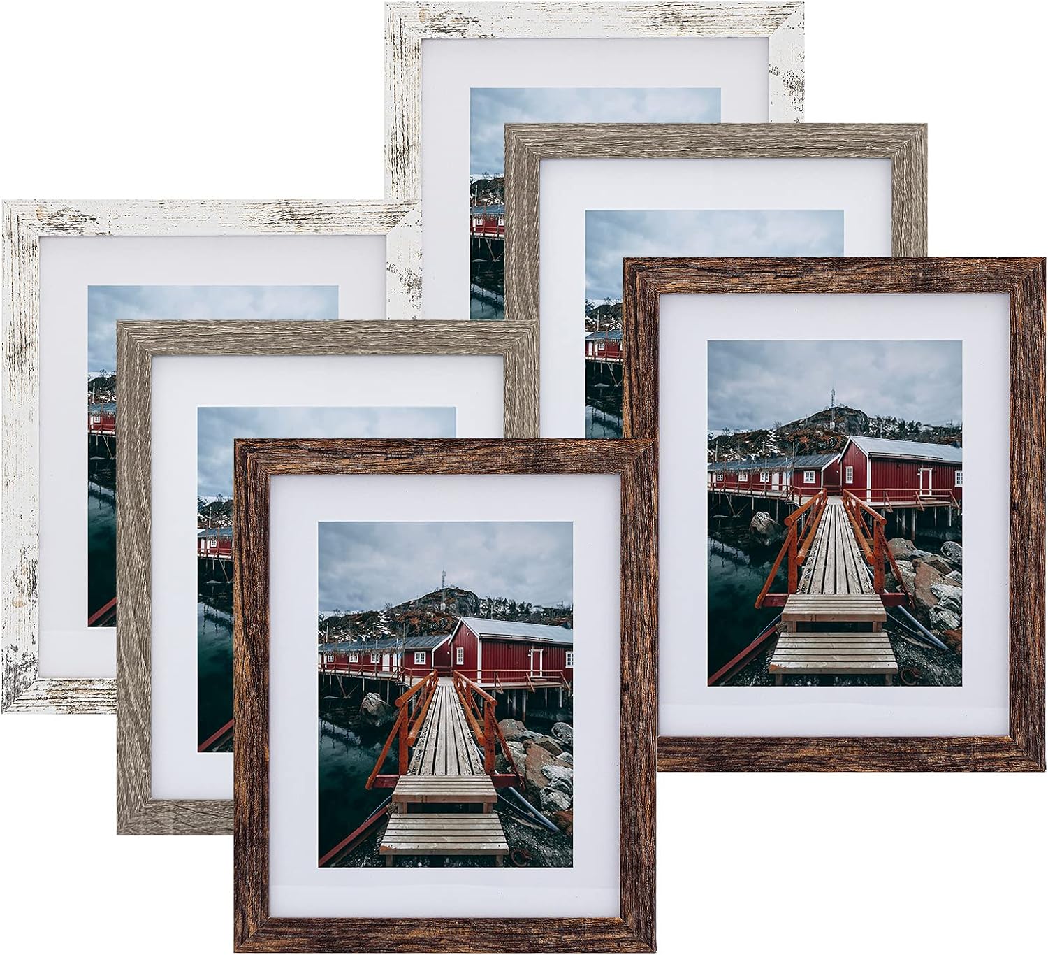 Rustic Picture Frame 8x10 Mixed Color - Display Photos 6x8 with Mat or 8x10 Without Mat Photo Frames -HD Glass Horizontal and Vertical Decor for Wall or Tabletop - Set of 6 (Mixed)