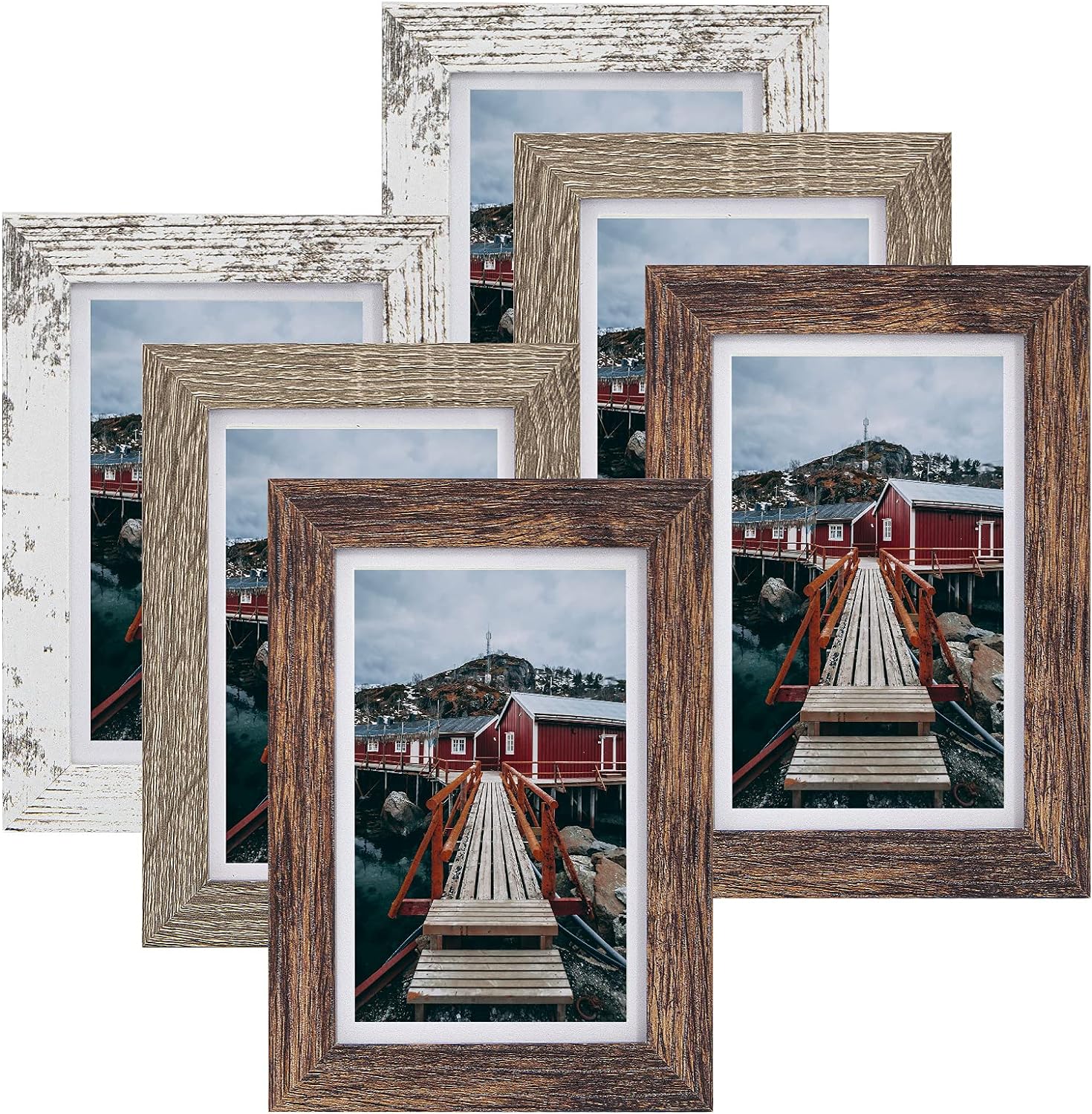 Rustic Picture Frame 4x6 Mixed Color - Display Photos 3.5x5.5 with Mat or 4x6 Without Mat Photo Frames -HD Glass Horizontal and Vertical Decor for Wall or Tabletop - Set of 6 (Mixed)