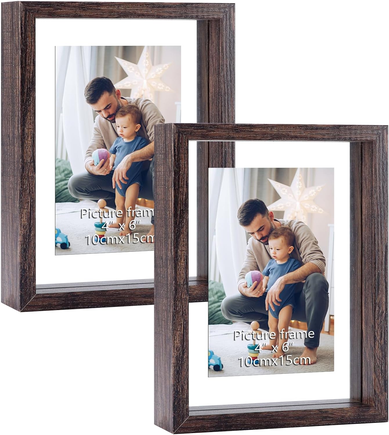 WIFTREY 2 Pack 4x6 Picture Frame Displays Photo up to 6x8, Double Glass Distressed Floating Photo Frame for Tabletop or Wall Mount, Light Brown