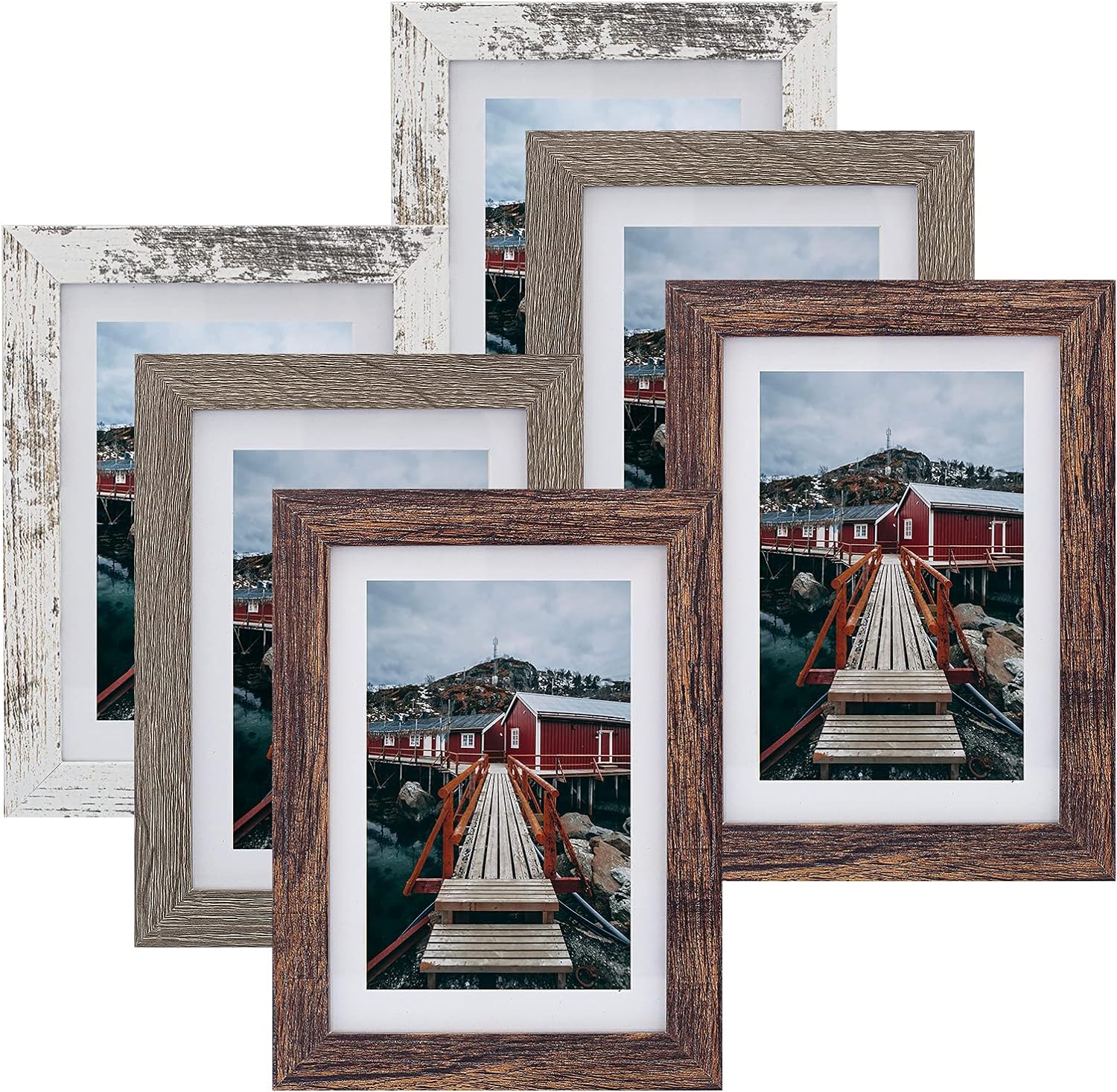 Rustic Picture Frame 5x7 Mixed Color - Display Photos 4x6 with Mat or 5x7 Without Mat Photo Frames -HD Glass Horizontal and Vertical Decor for Wall or Tabletop - Set of 6(Mixed)